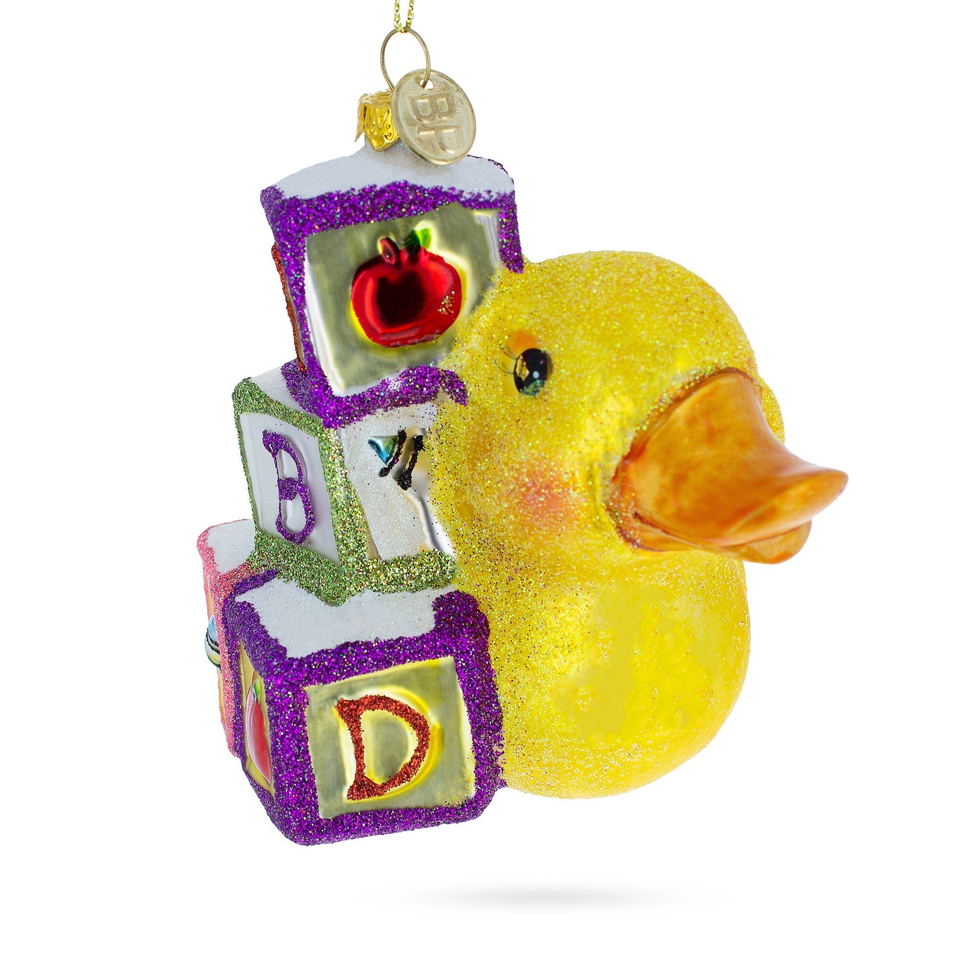 Educational Yellow Duck with ABC Blocks Glass Christmas Ornament