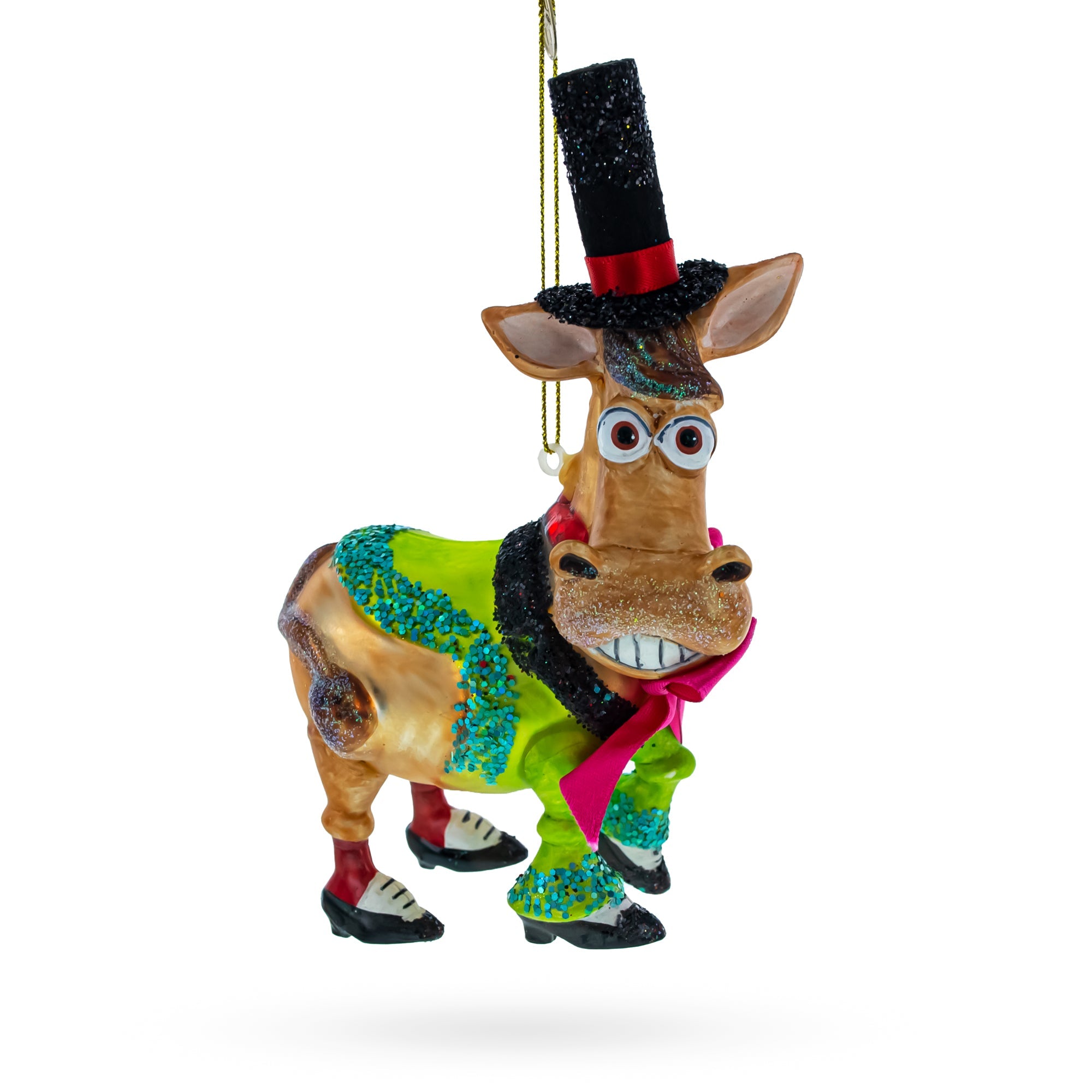 Donkey in Whimsical Costume Glass Christmas Ornament