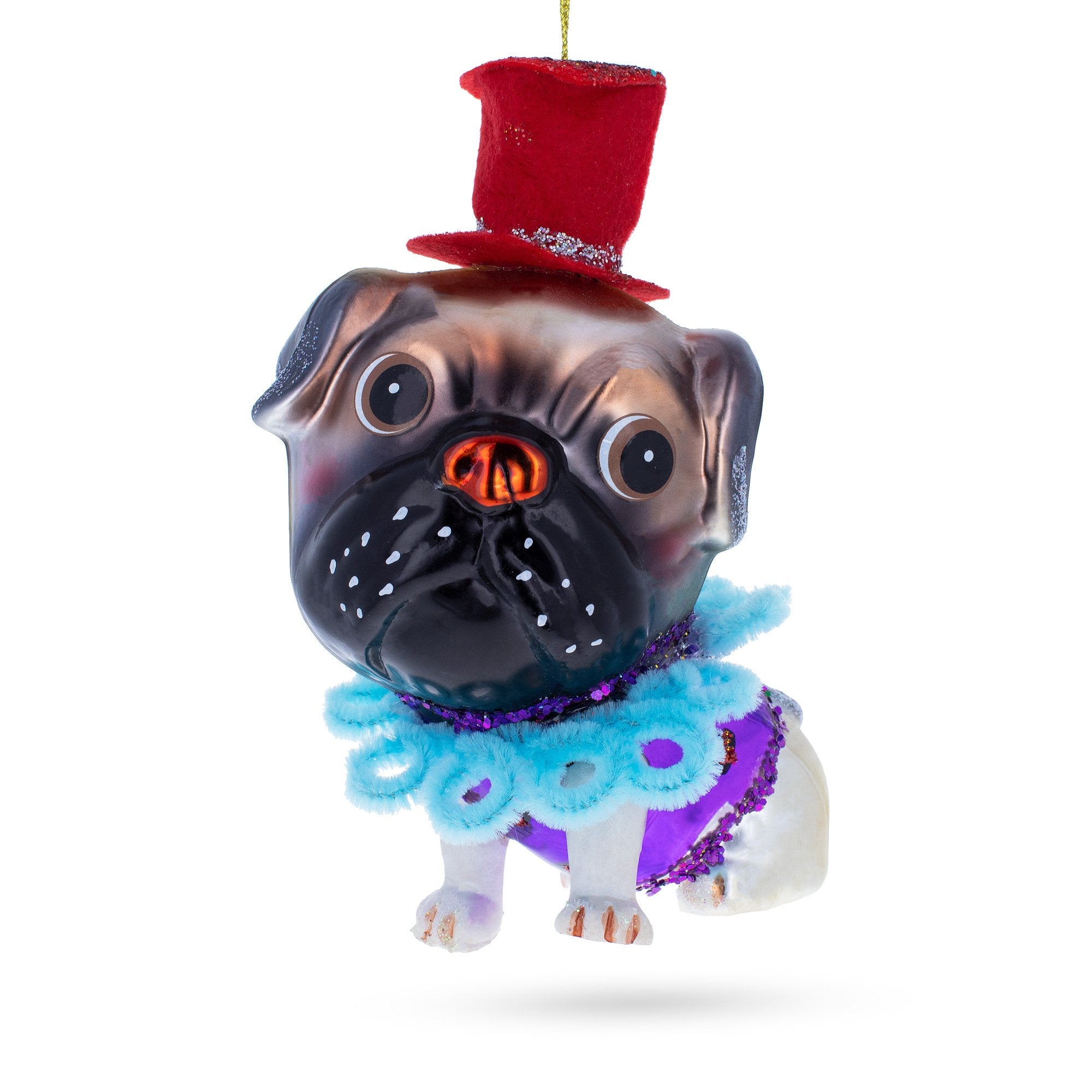 Pug in a Festive Red Hat Glass Christmas Ornament