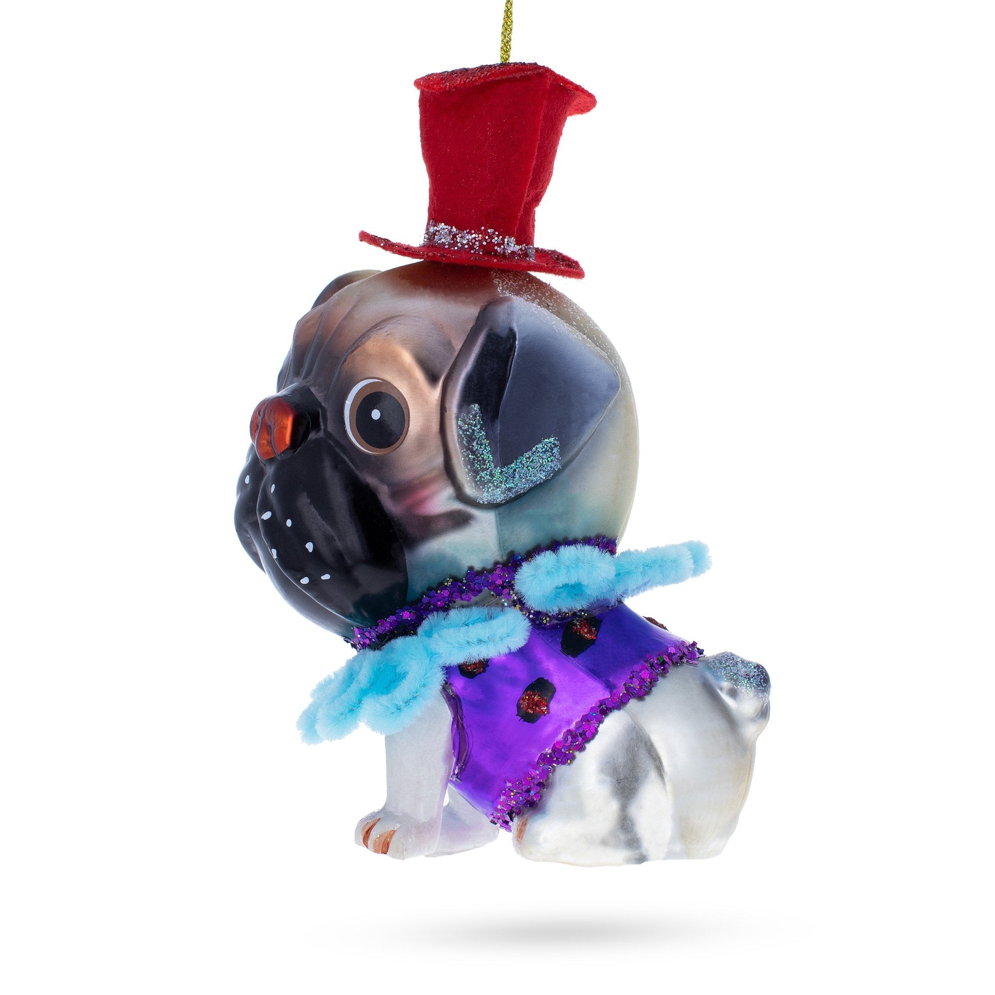 Pug in a Festive Red Hat Glass Christmas Ornament