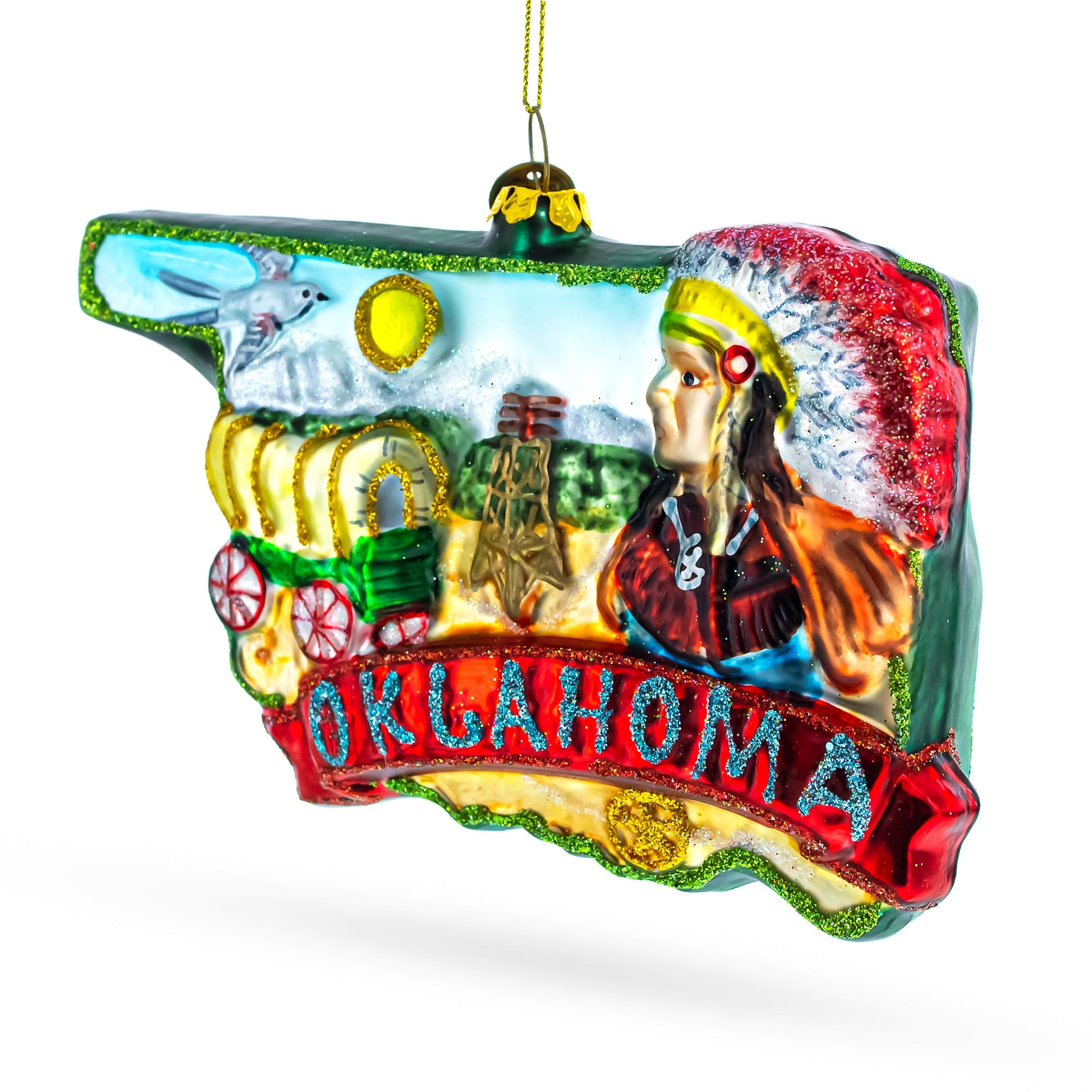 State of Oklahoma Symbols, USA Glass Christmas Ornament