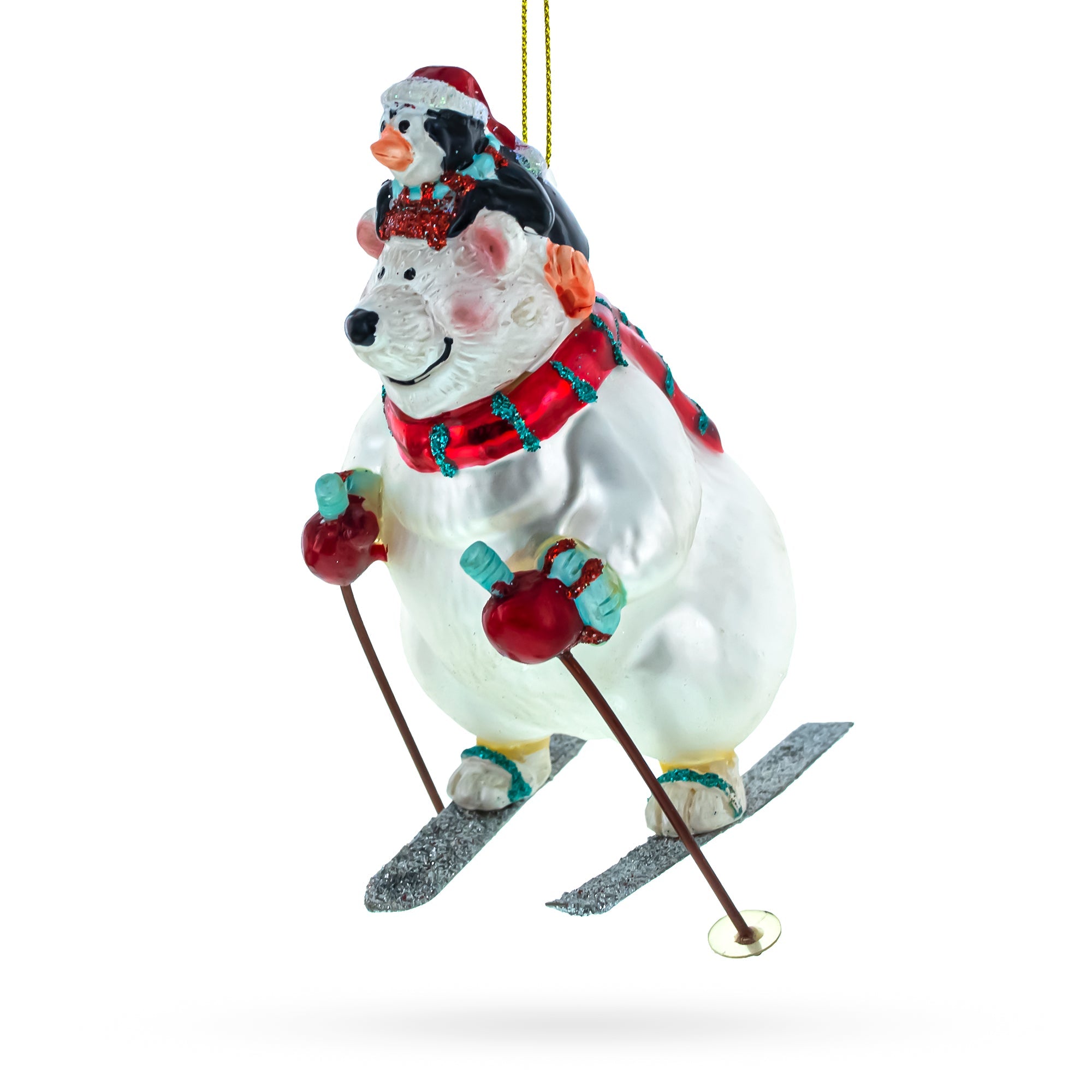 Bear and Penguin Skiing Glass Christmas Ornament