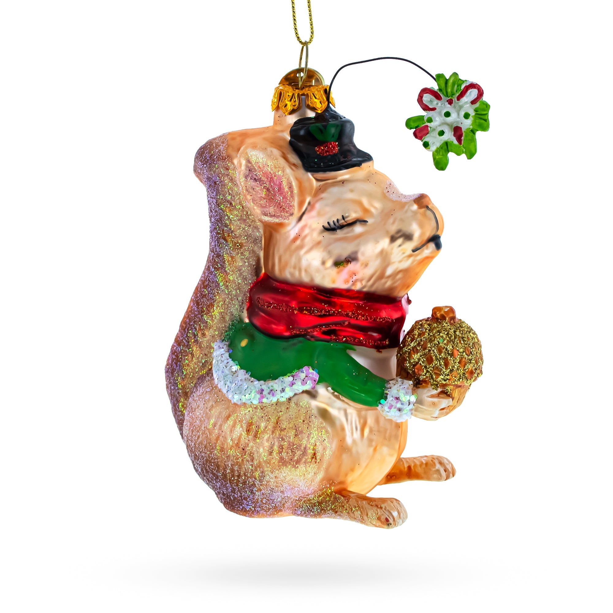 Squirrel Cradling an Acorn Glass Christmas Ornament