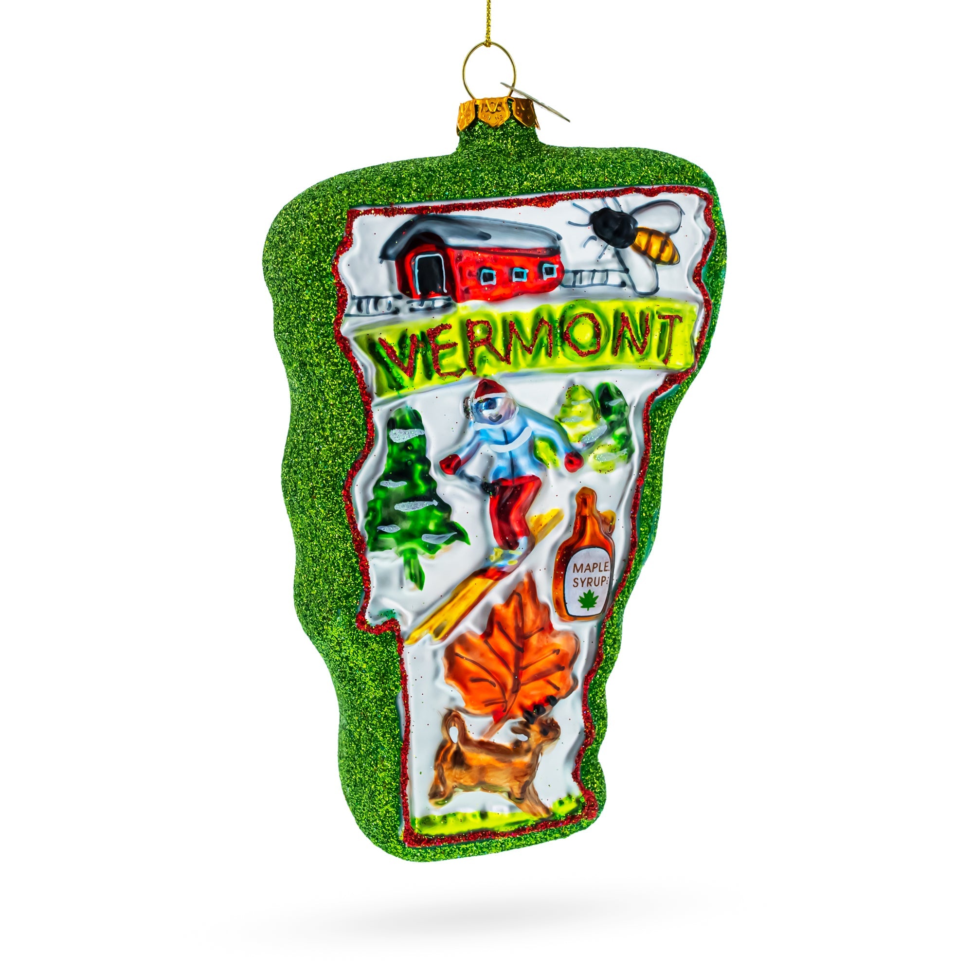 State of Vermont Symbols, USA Glass Christmas Ornament