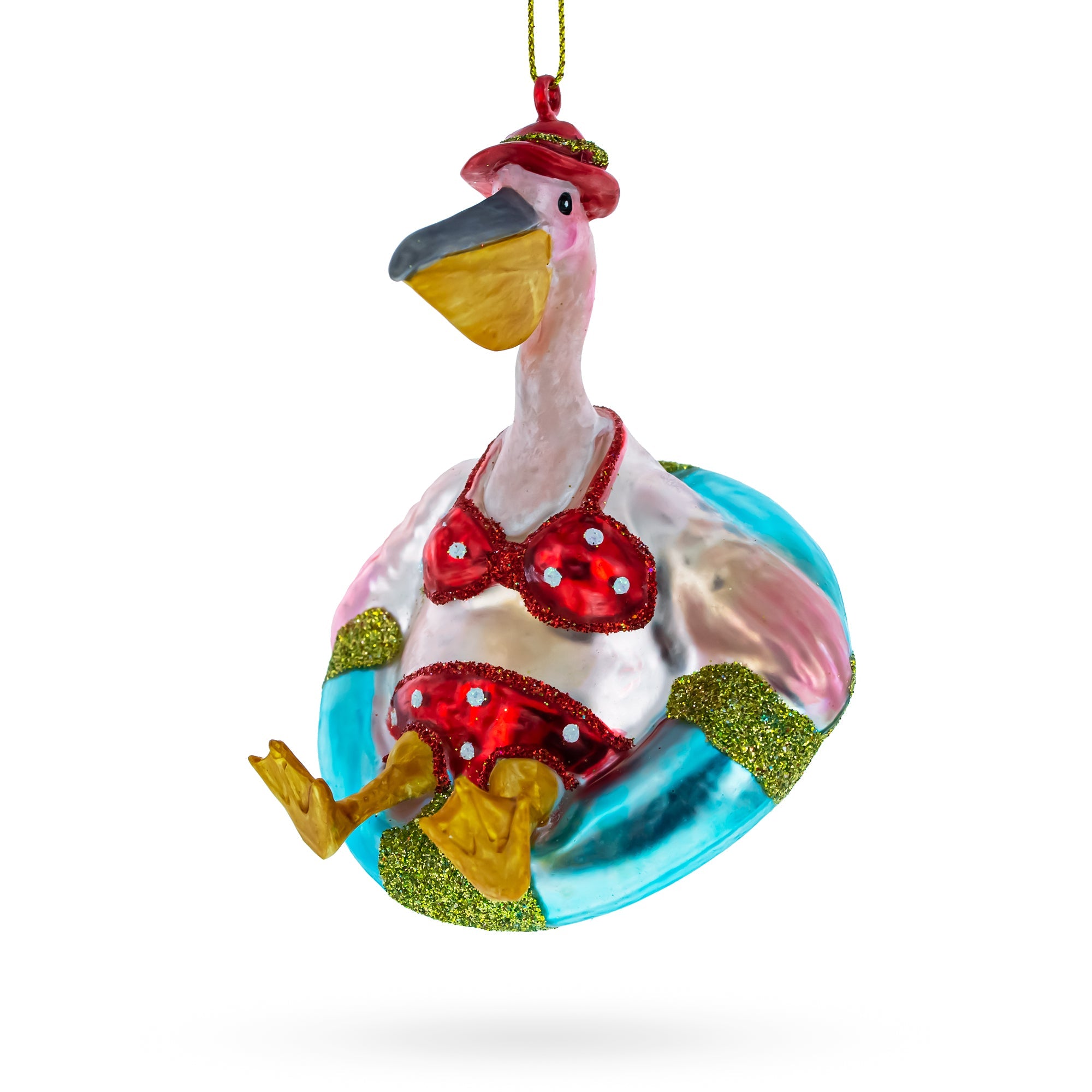 Vacationing Pelican in Swimsuit on an Inflatable Glass Christmas Ornament