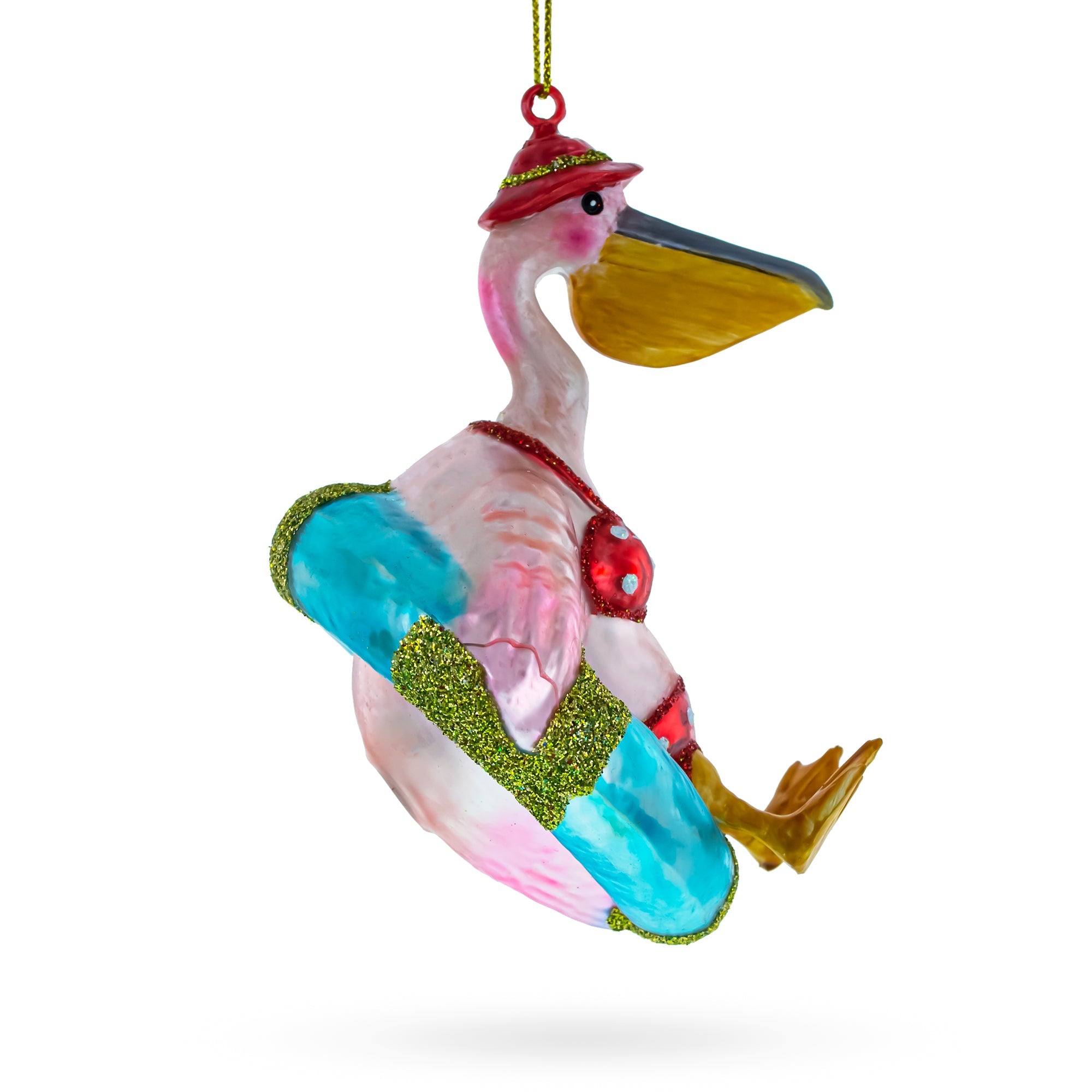 Vacationing Pelican in Swimsuit on an Inflatable Glass Christmas Ornament