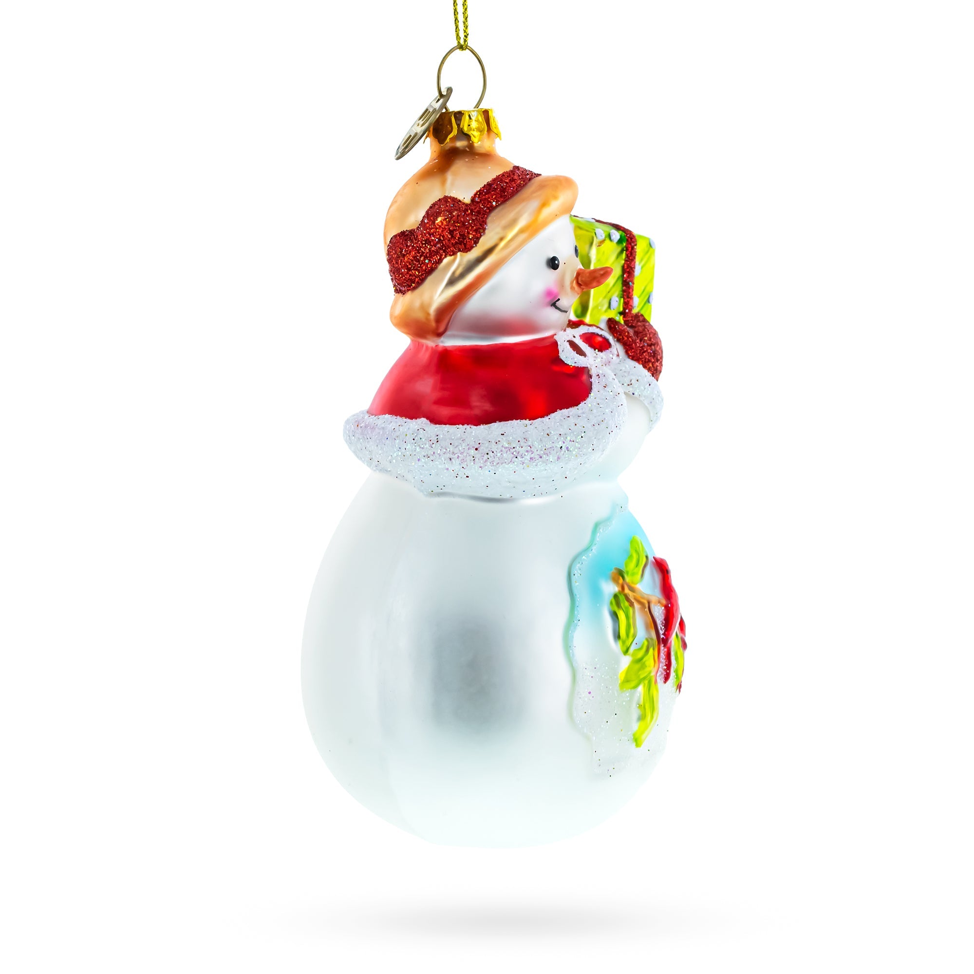 Snowman with Red Cardinals Holding a Gift Glass Christmas Ornament