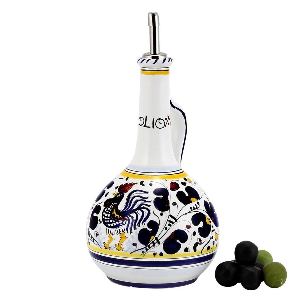 ORVIETO BLUE ROOSTER: Olive Oil Bottle Dispenser with Metal Capped Pourer