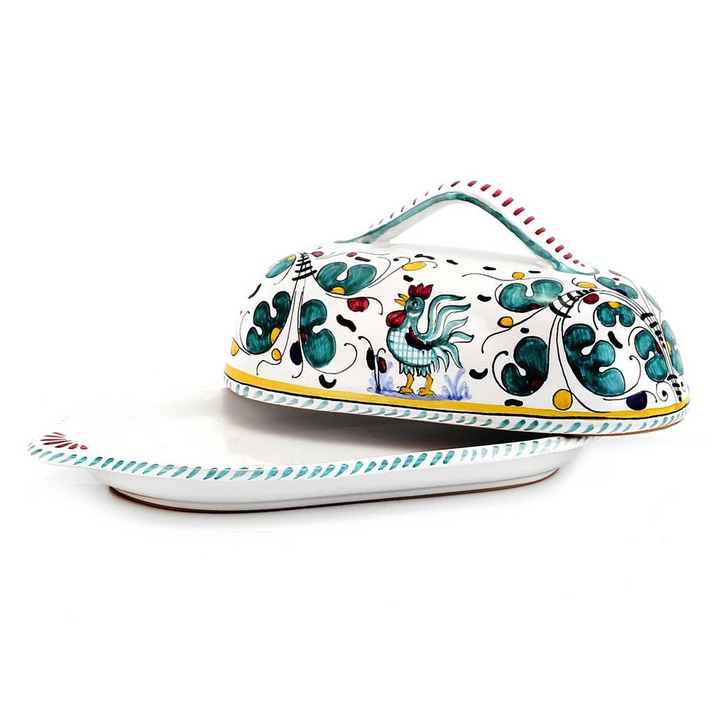 ORVIETO GREEN ROOSTER: Butter Dish w cover
