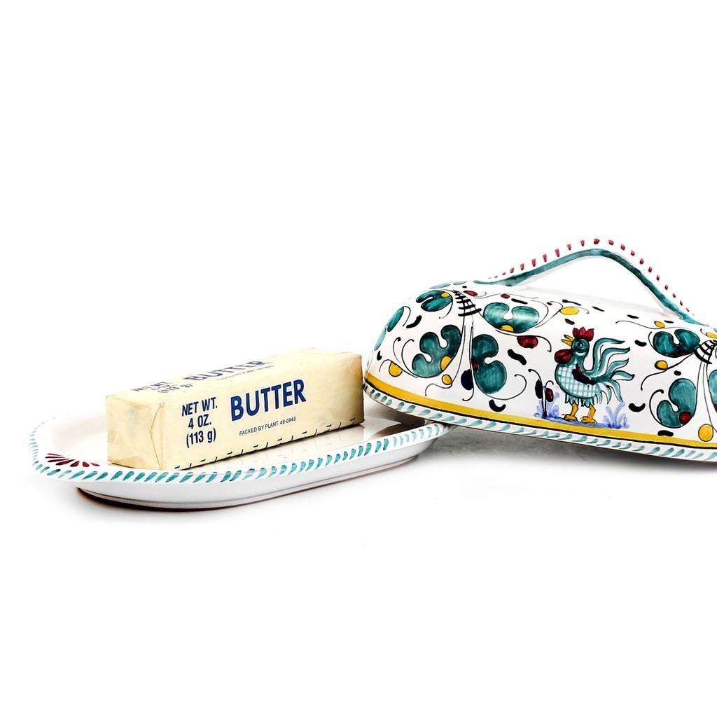 ORVIETO GREEN ROOSTER: Butter Dish w cover