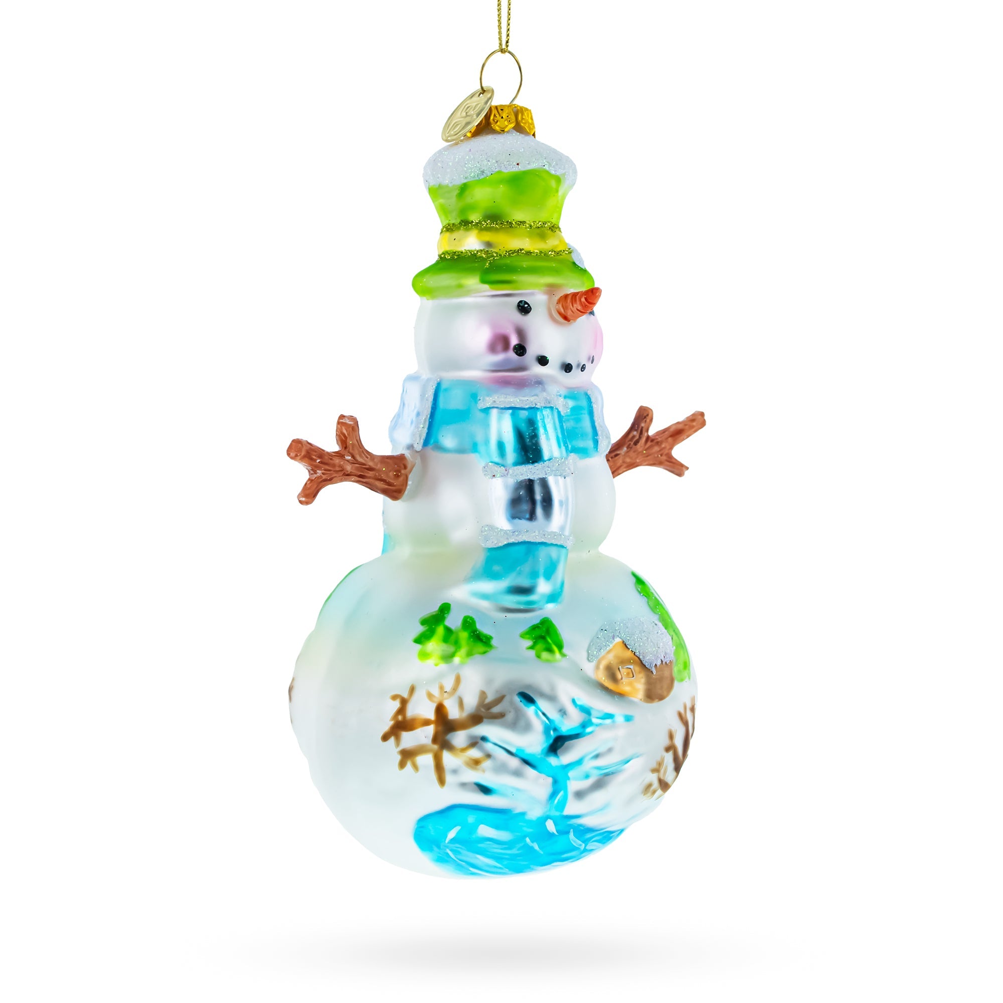 Snowman with Winter Village Painting Glass Christmas Ornament