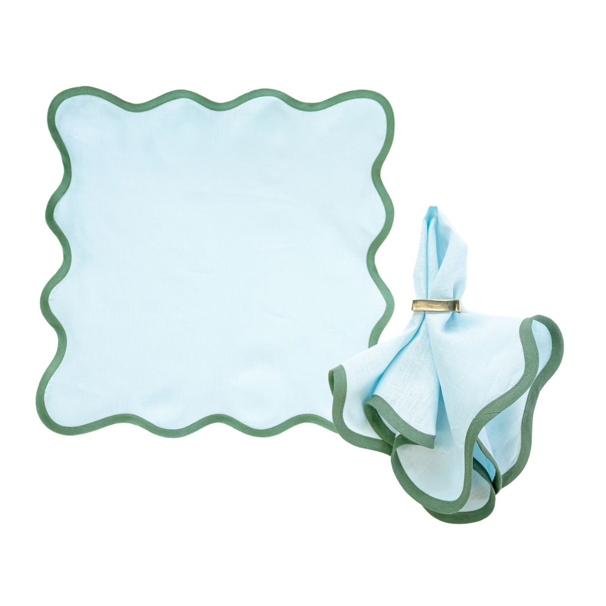 Linen Scalloped Square | Sky Blue with Pine Green