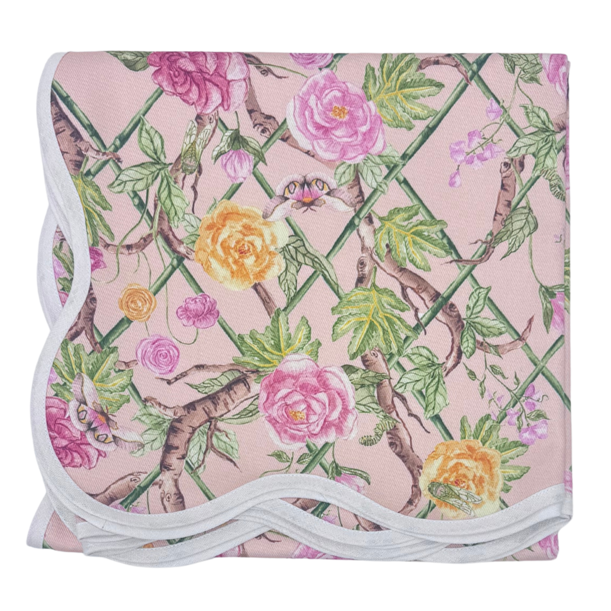 Scalloped Square Table Topper | Climbing Roses - Blush