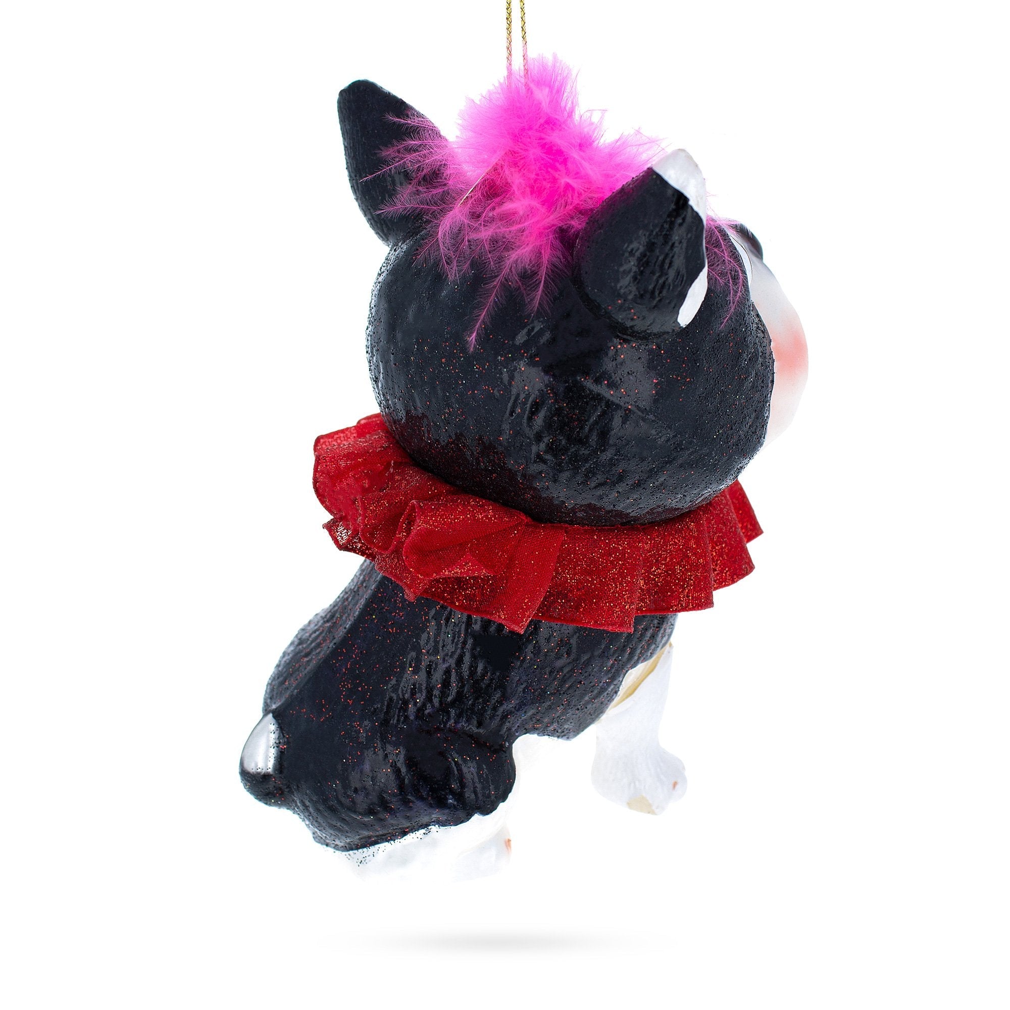 Boston Terrier with Pink Feather Glass Christmas Ornament