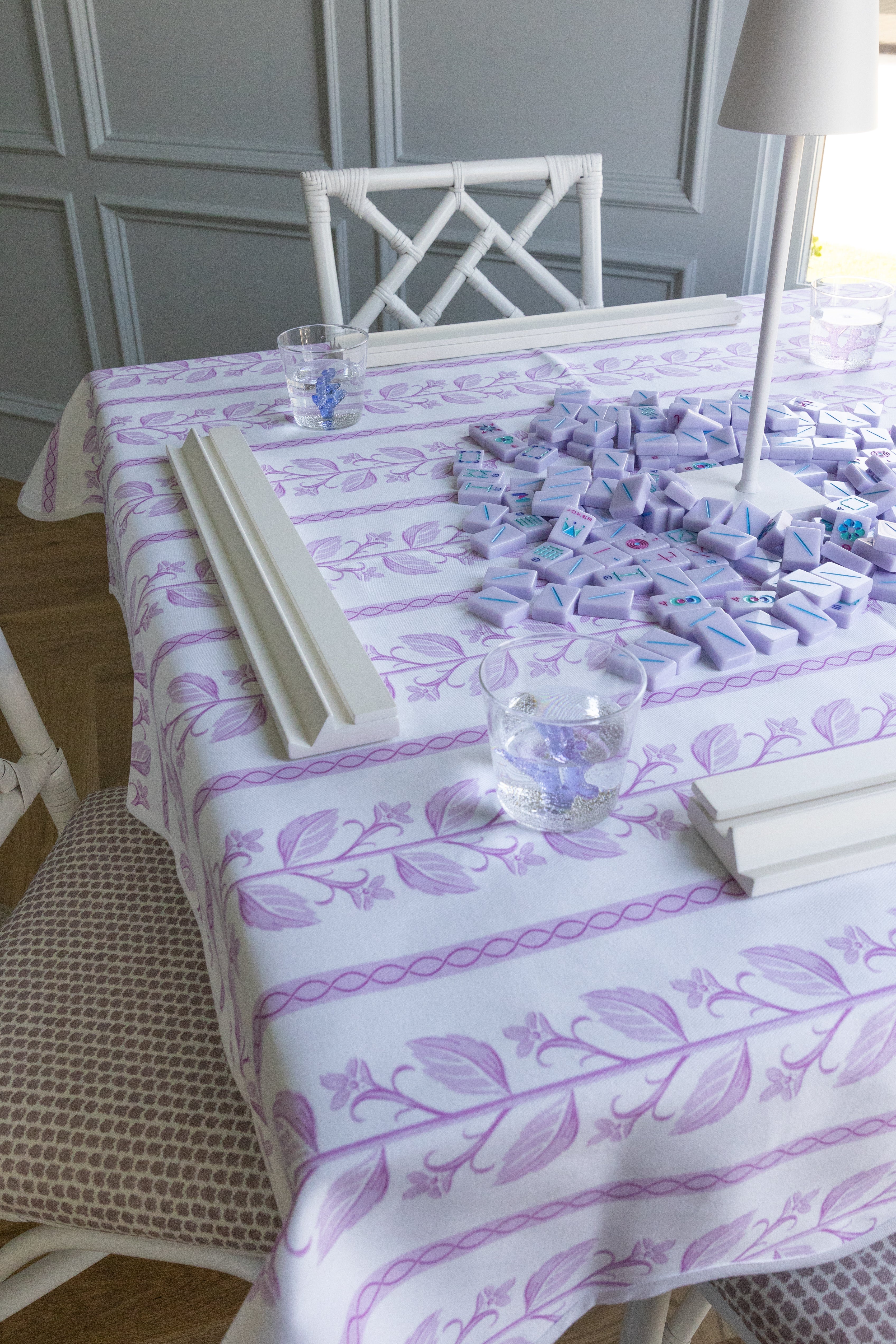 Scalloped Square Game Table Topper | Lilac Botanical Stripe