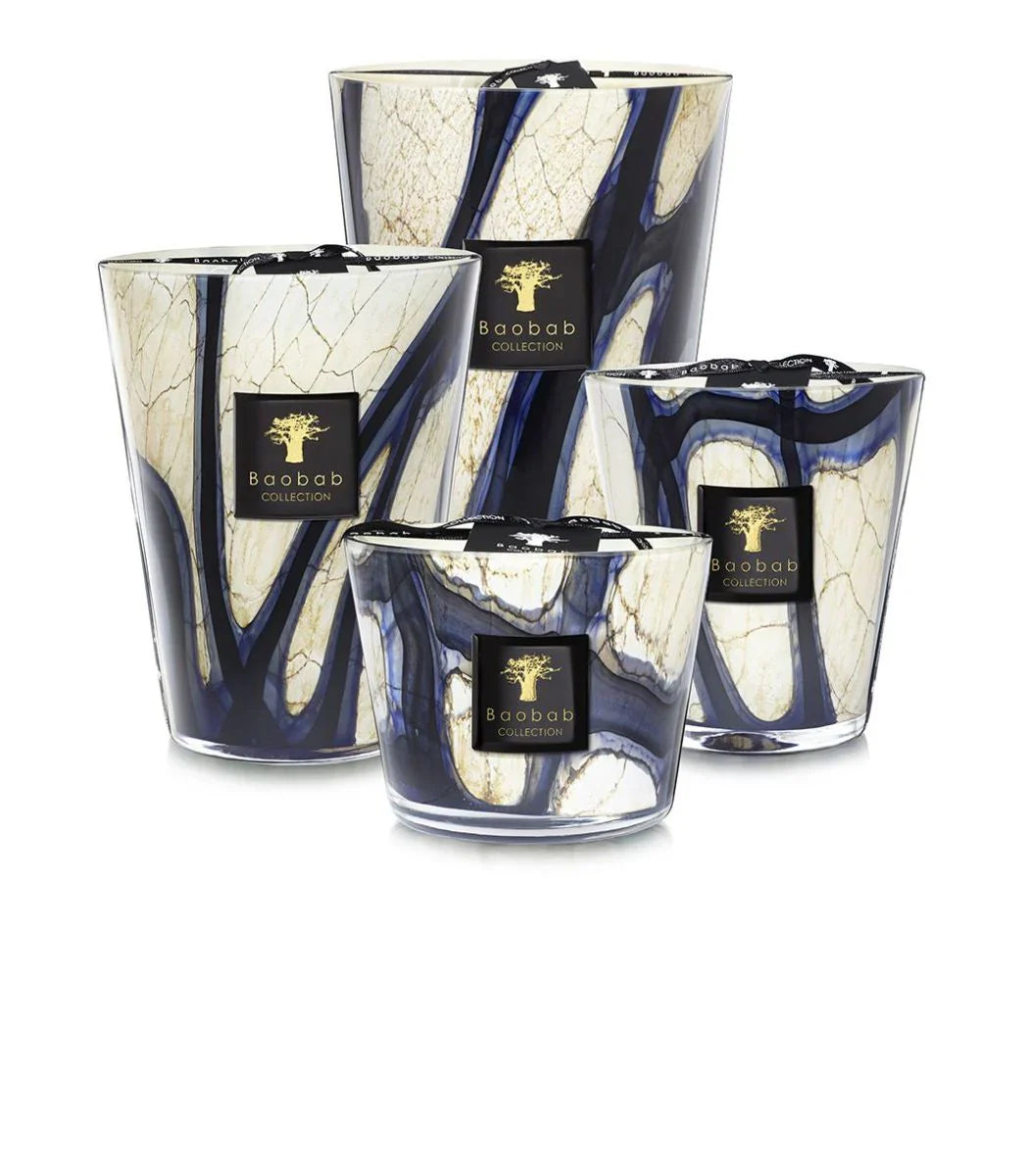 Baobab Collection Candle Stones Lazuli in elegant marbled glass, featuring blue hues and luxurious design.