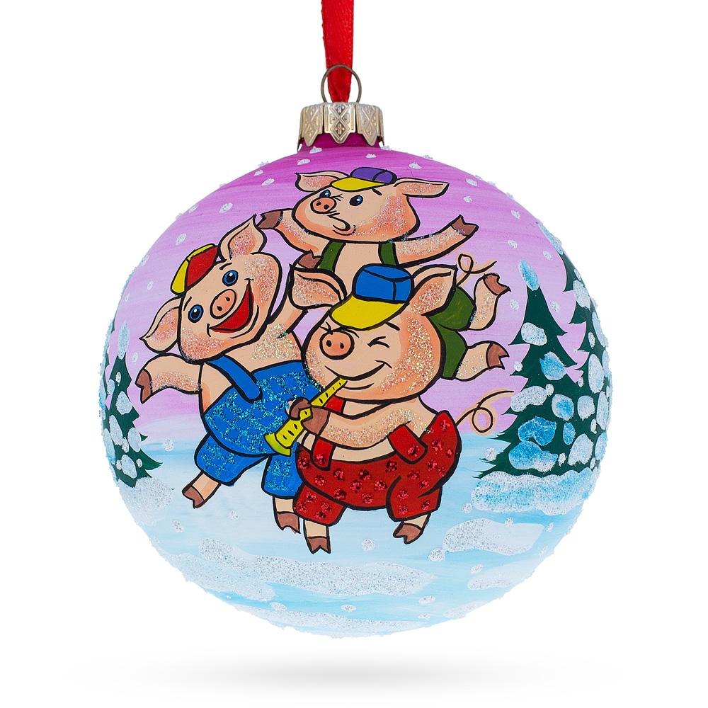 Three Little Pigs Glass Ball Christmas Ornament 4 Inches