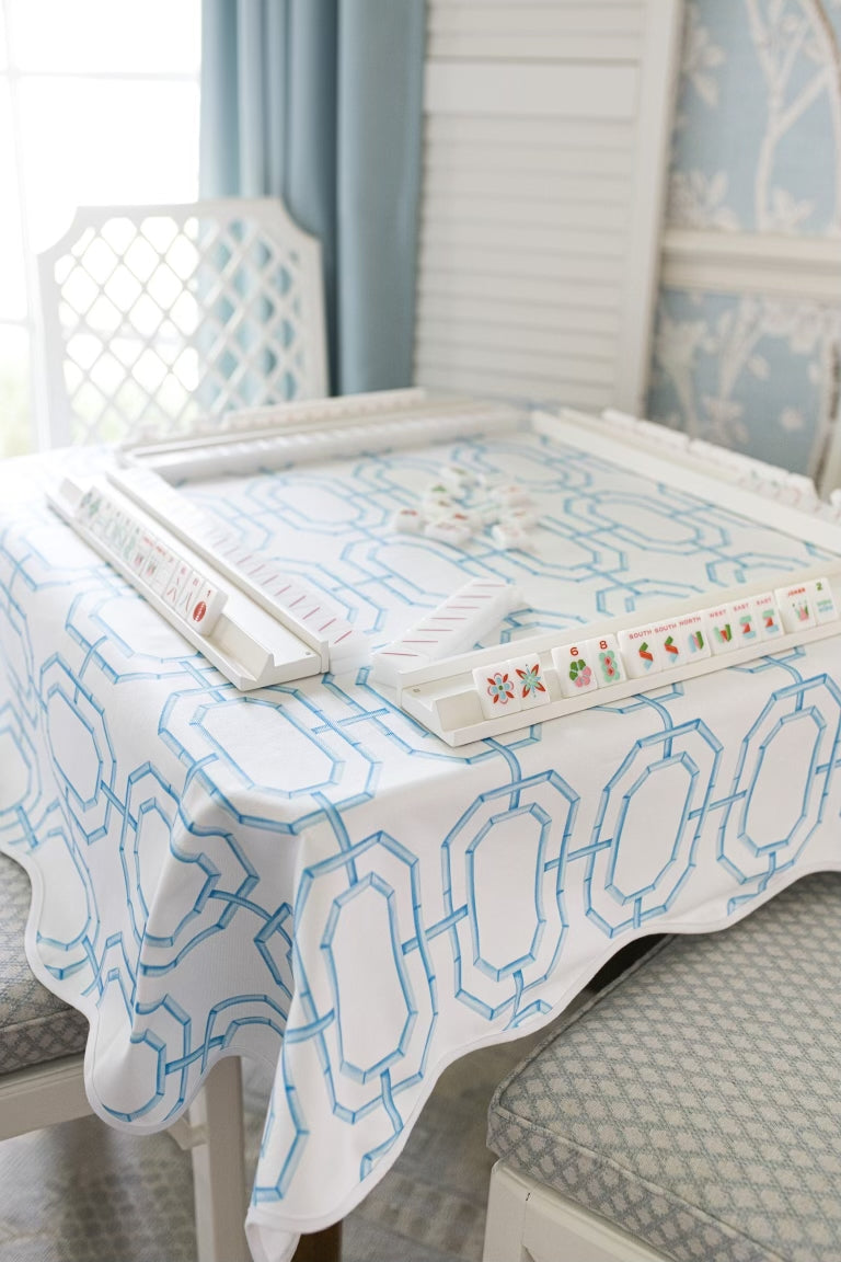 Scalloped Square Table Topper | Sky Blue Bamboo Chain