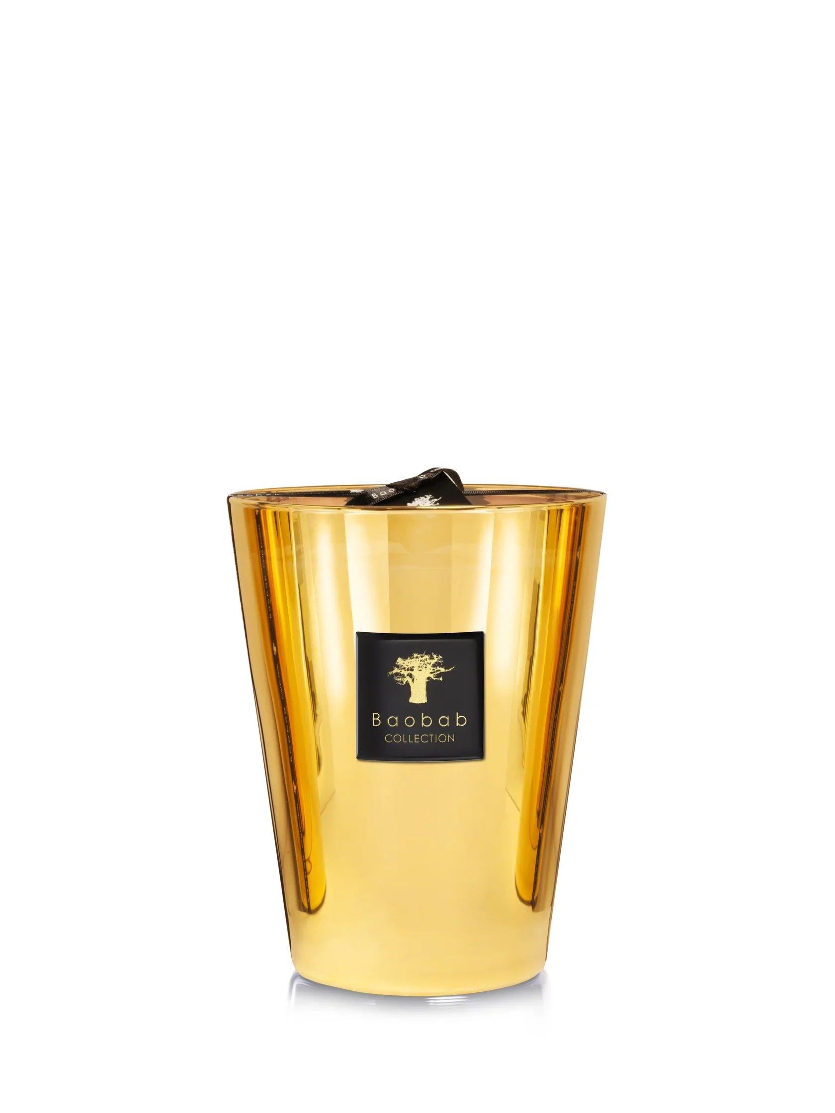 Baobab Collection Aurum candle in gold glass with logo, depicting luxury home decor and enchanting scent.