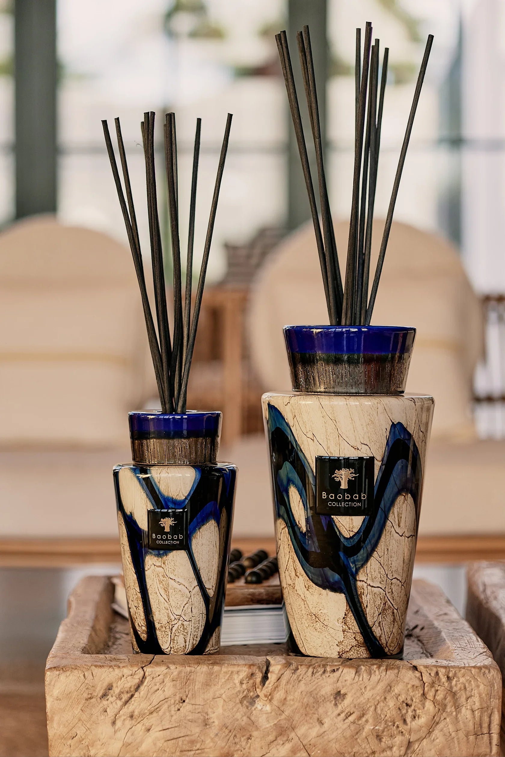 Baobab Collection TOTEM STONES LAZULI diffusers with decorative sticks, showcasing cobalt and old gold accents.