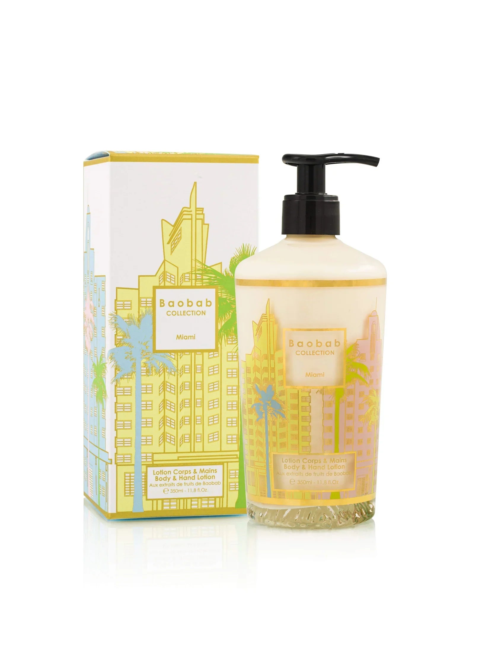 Baobab Collection Miami body and hand lotion 350ml in decorative glass with pastel art deco design.