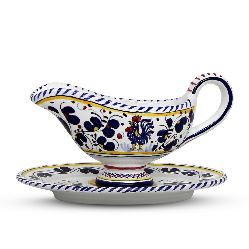 ORVIETO BLUE ROOSTER: Gravy Sauce Boat with Tray