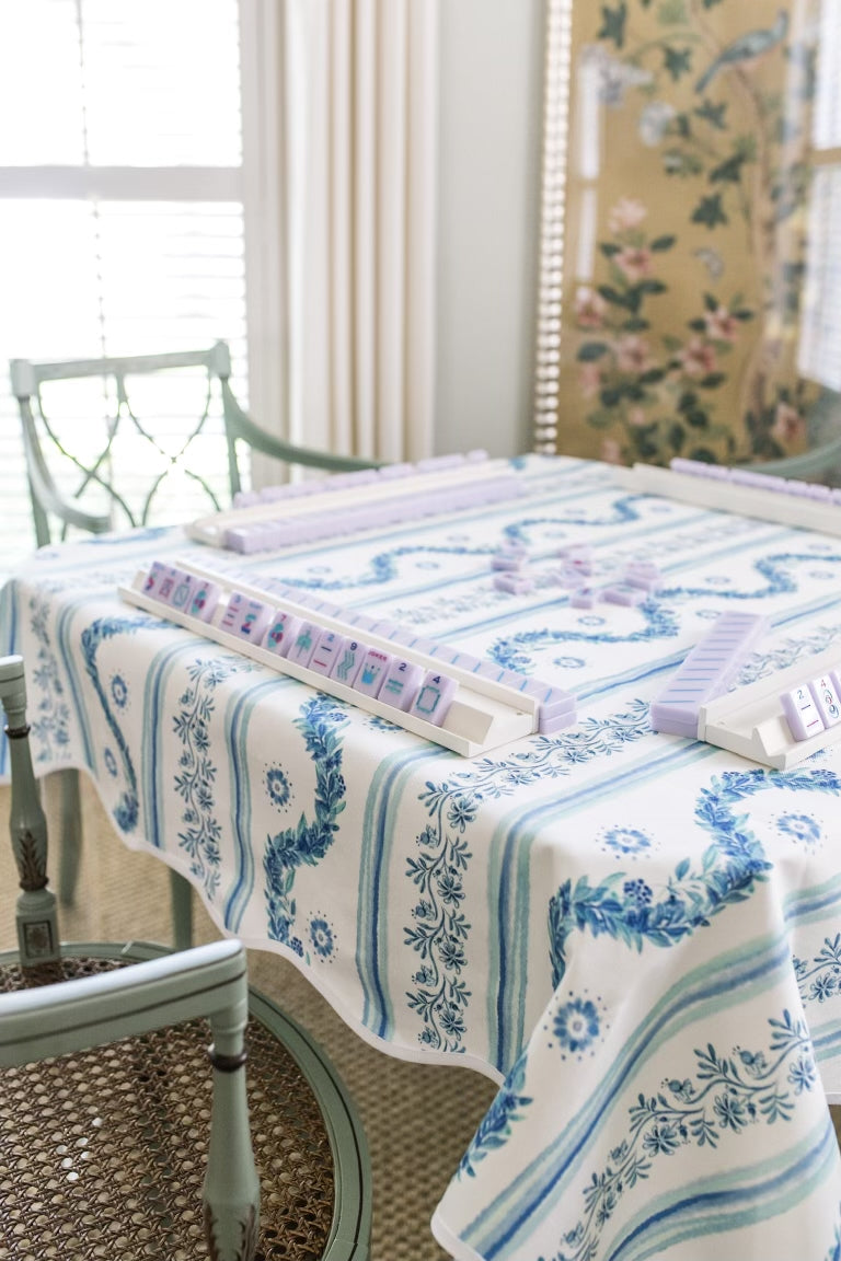 Scalloped Square Table Topper | Boxwood Garden - Delft Blue