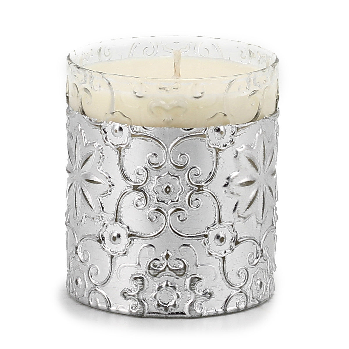 CRYSTAL CANDLES: Bass relief Design with Silver Leaf finish ~ (10 Oz)
