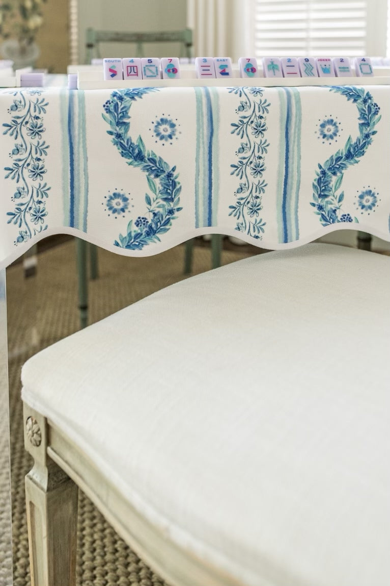 Scalloped Square Table Topper | Boxwood Garden - Delft Blue