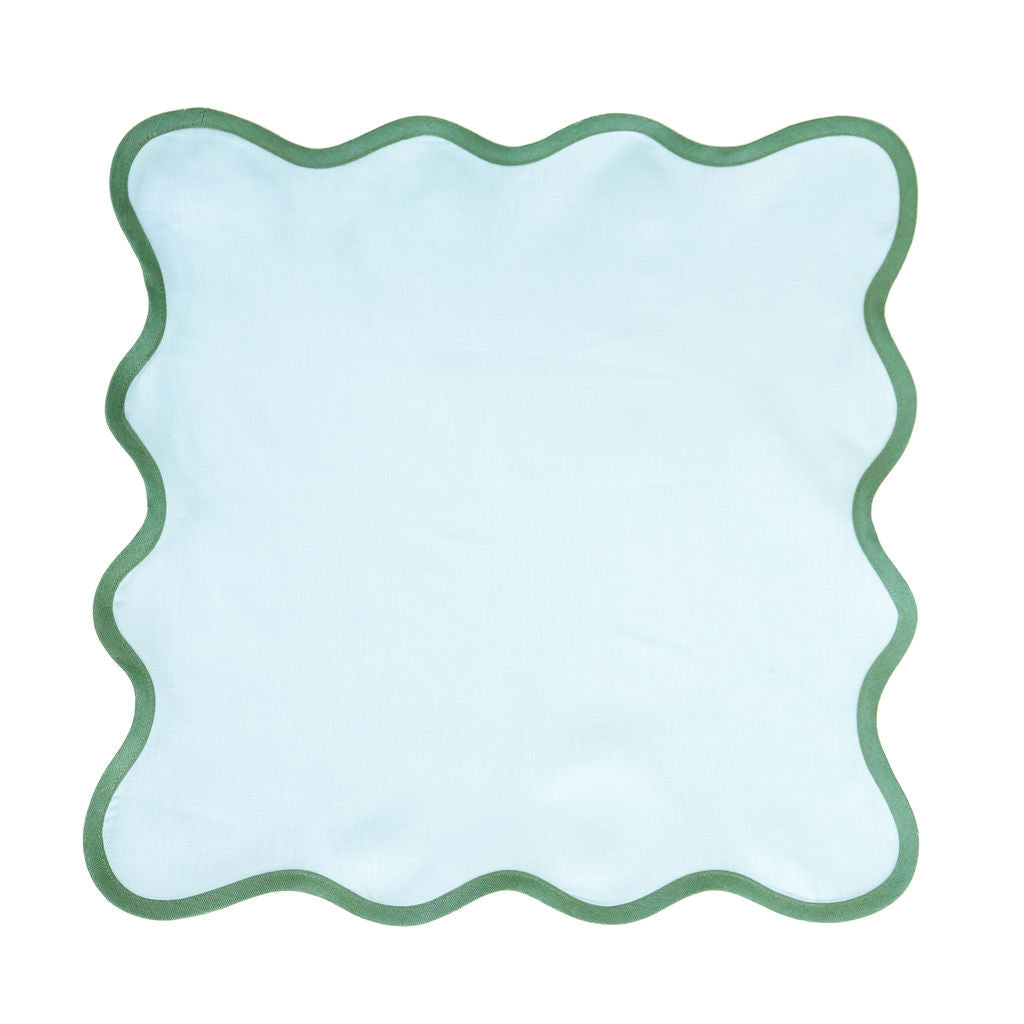 Linen Scalloped Square | Sky Blue with Pine Green