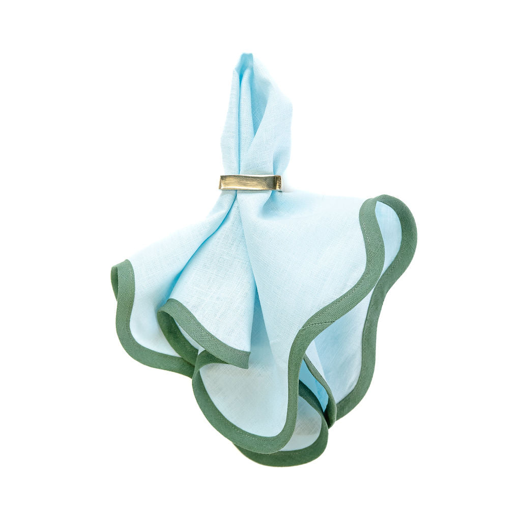 Linen Scalloped Square | Sky Blue with Pine Green