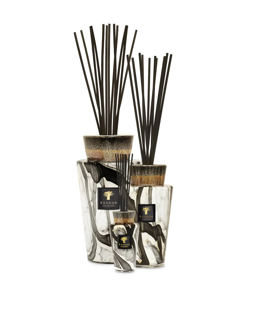 Baobab Collection Totem Stones Marble diffusers with black sticks in elegant marble holders