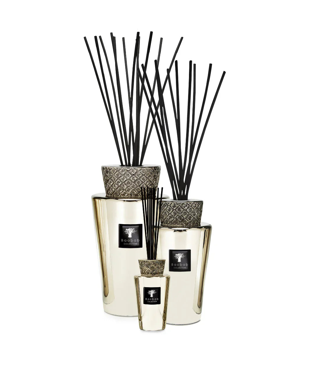 Baobab Collection Totem Platinum diffuser set, showcasing elegant glass and ceramic design with black sticks.