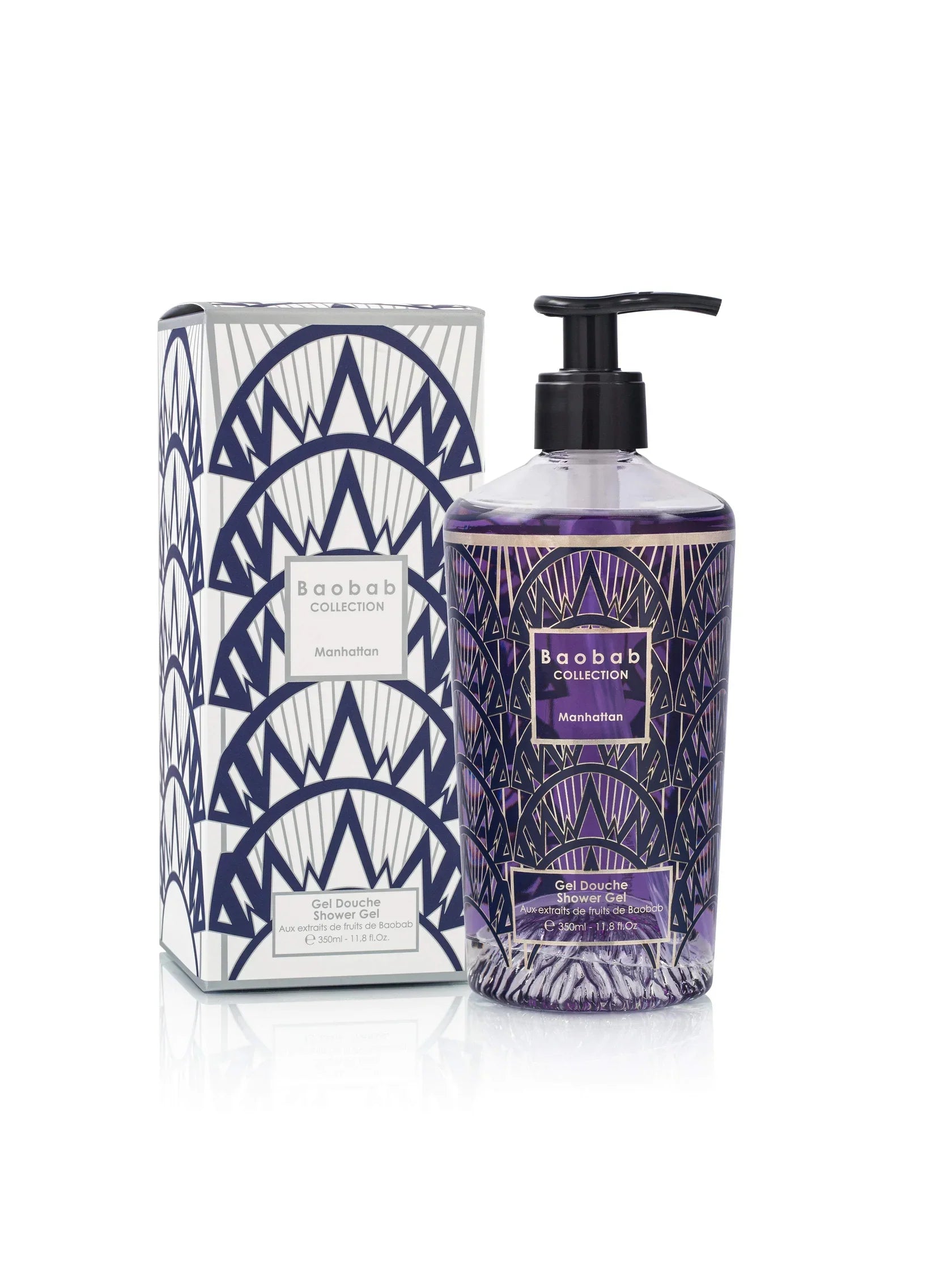 Baobab Collection Manhattan hand wash gel in decorative glass bottle with silk-screened design.