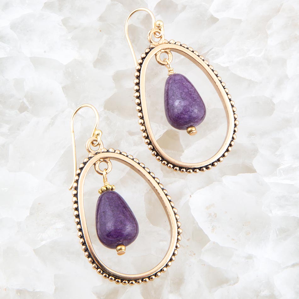 Inline Purple Jade Drop Golden Earrings Barse Jewelry