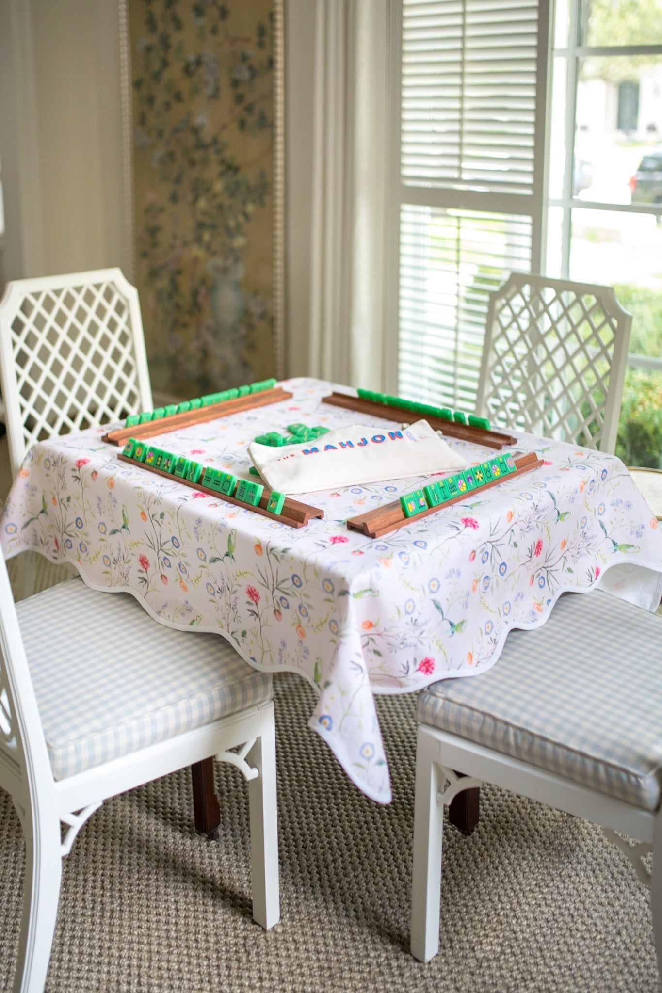 Scalloped Square Game Table Topper | Jardin de Fleurs - Pink