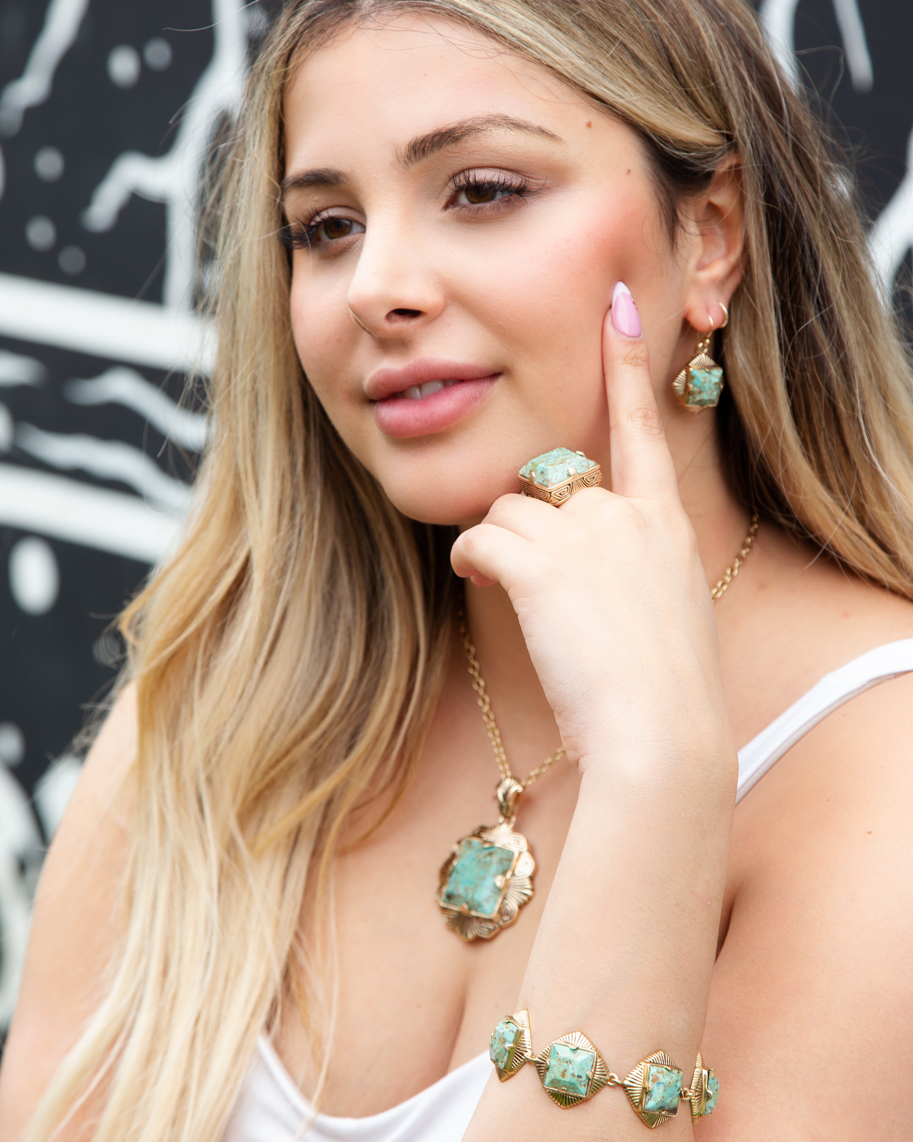 Blue Turquoise Square Golden Pendant Necklace Barse Jewelry