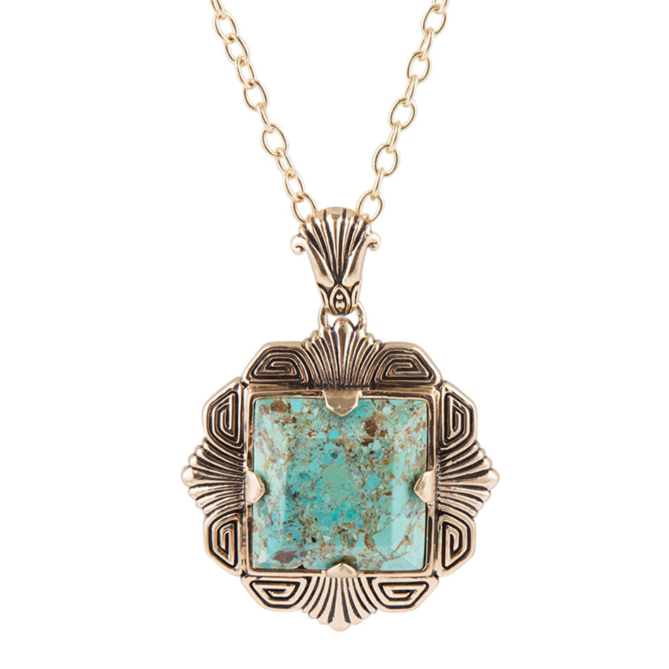 Blue Turquoise Square Golden Pendant Necklace Barse Jewelry