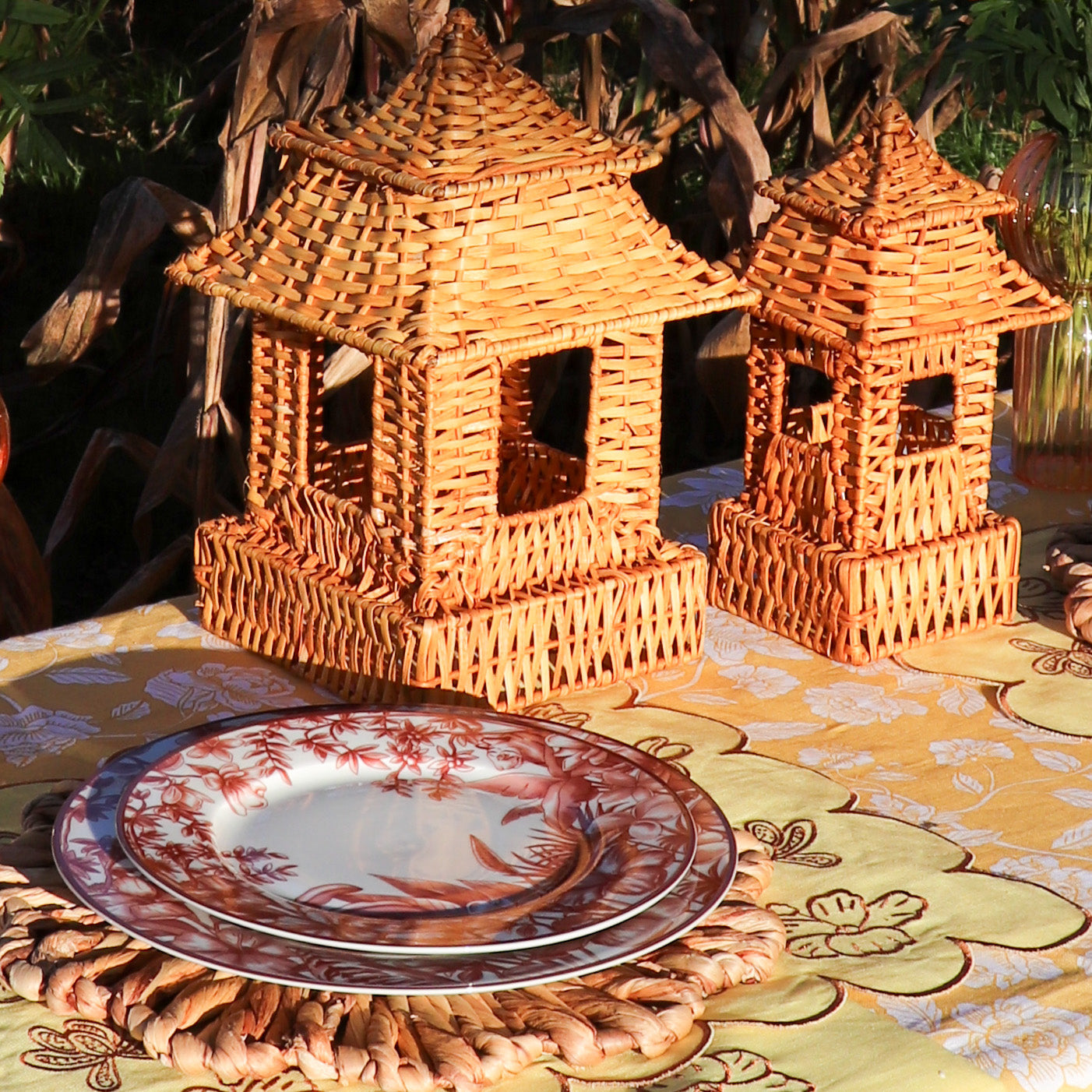 Natural Rattan Pagoda Set - 1 Large & 1 Small Ro'Table