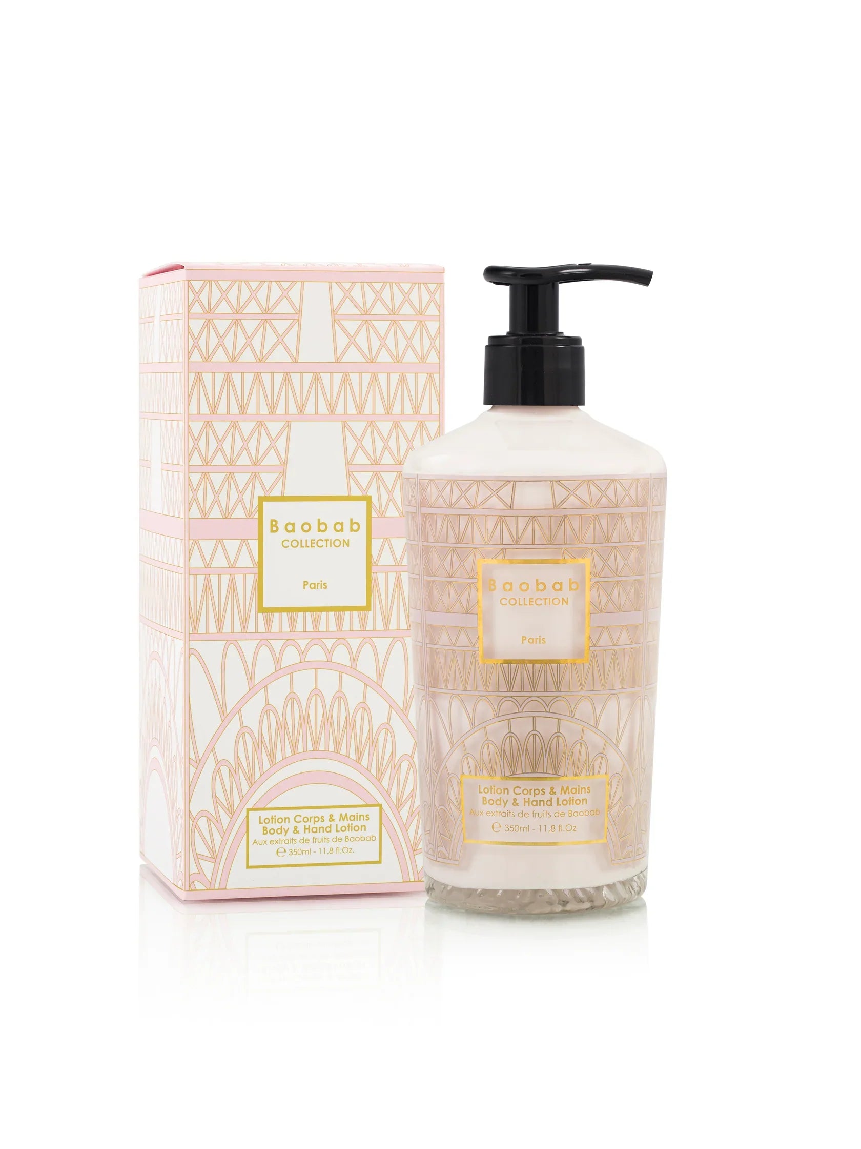 Baobab Collection Paris hand and body lotion 350ml in decorative packaging with Eiffel Tower design.