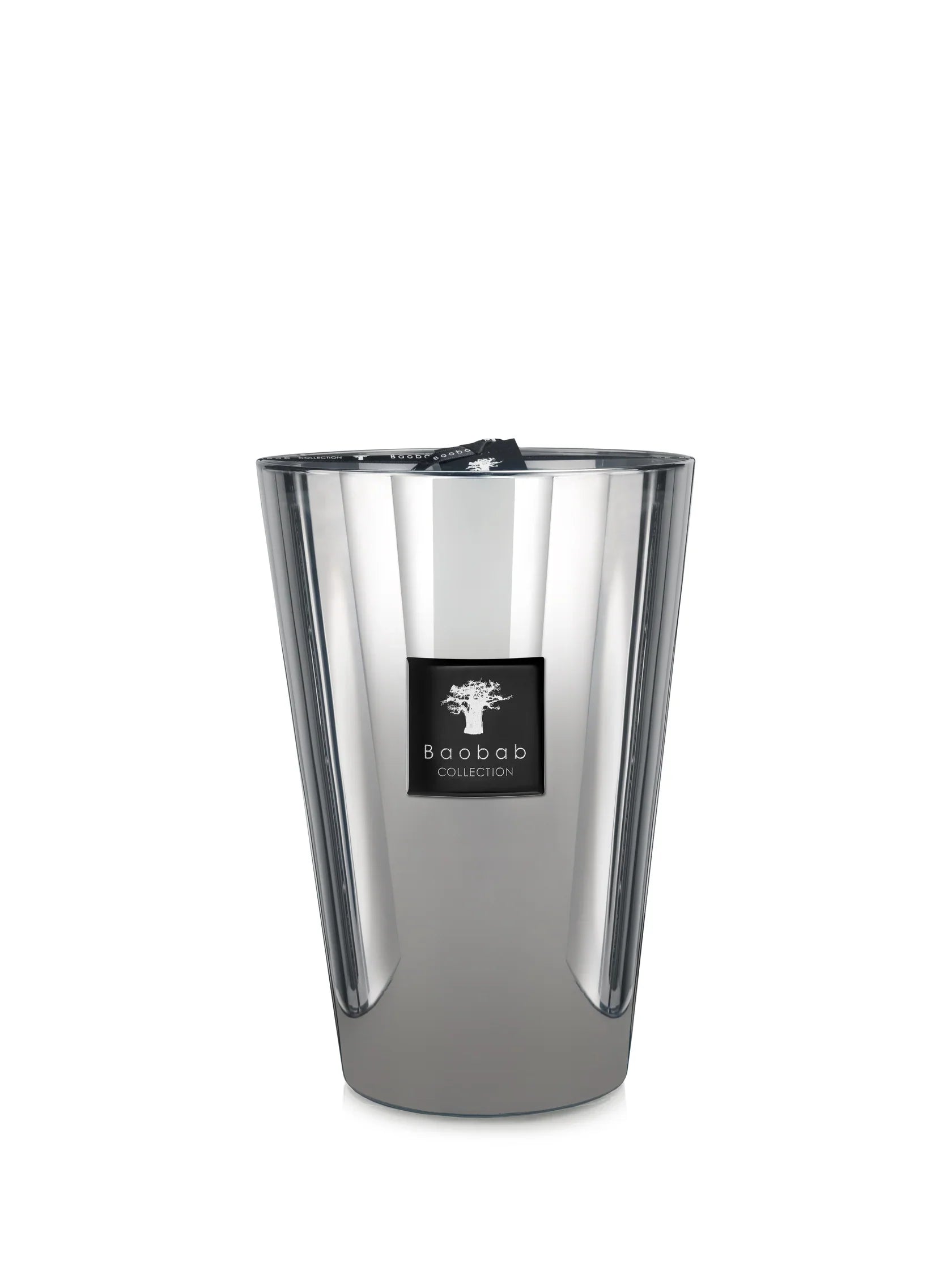 Baobab Collection Platinum candle in a sleek silver container, elegant design with flickering flame.