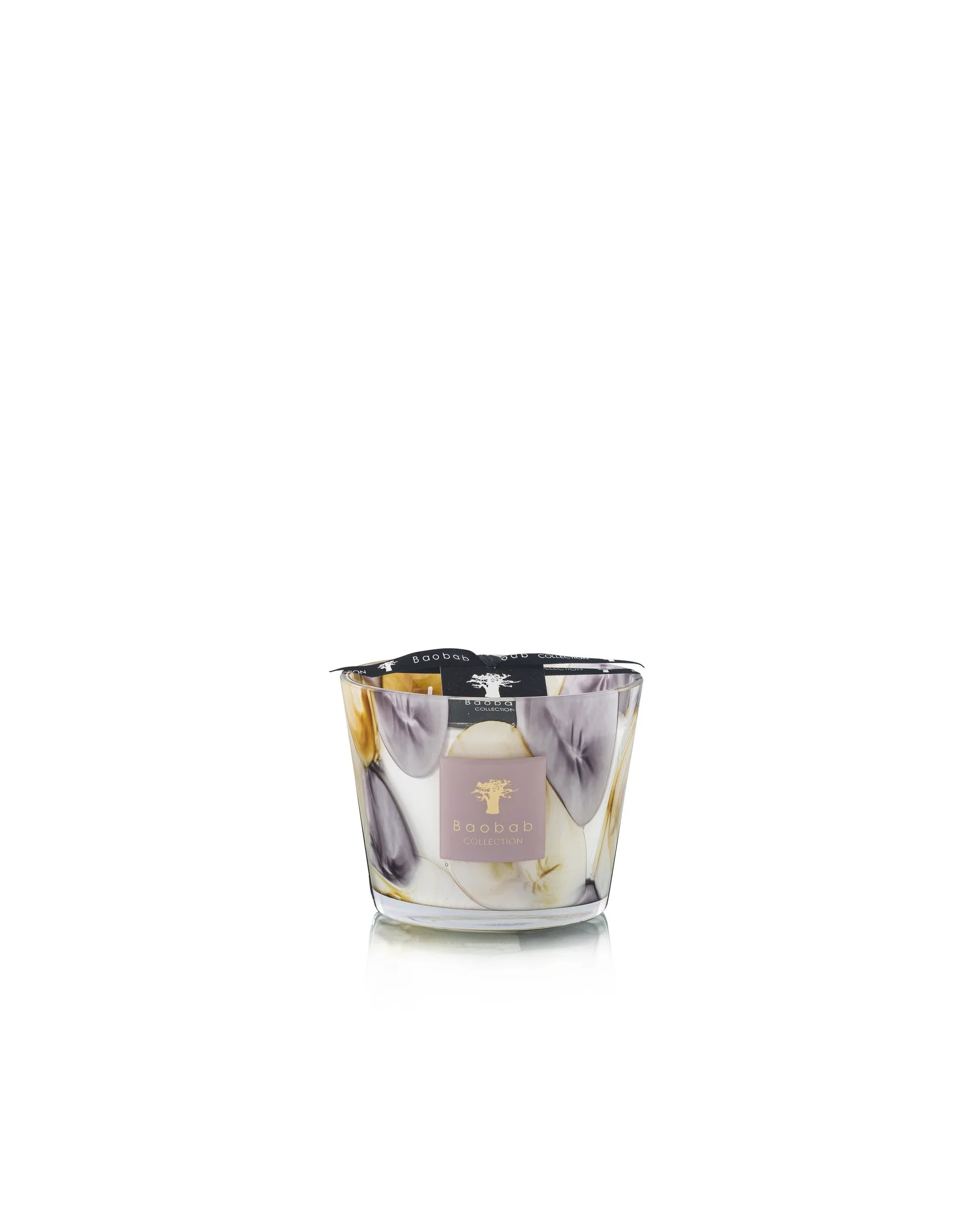 Baobab Collection Eilenroc scented candle in glass with mauve and saffron yellow design, elegant home decor.