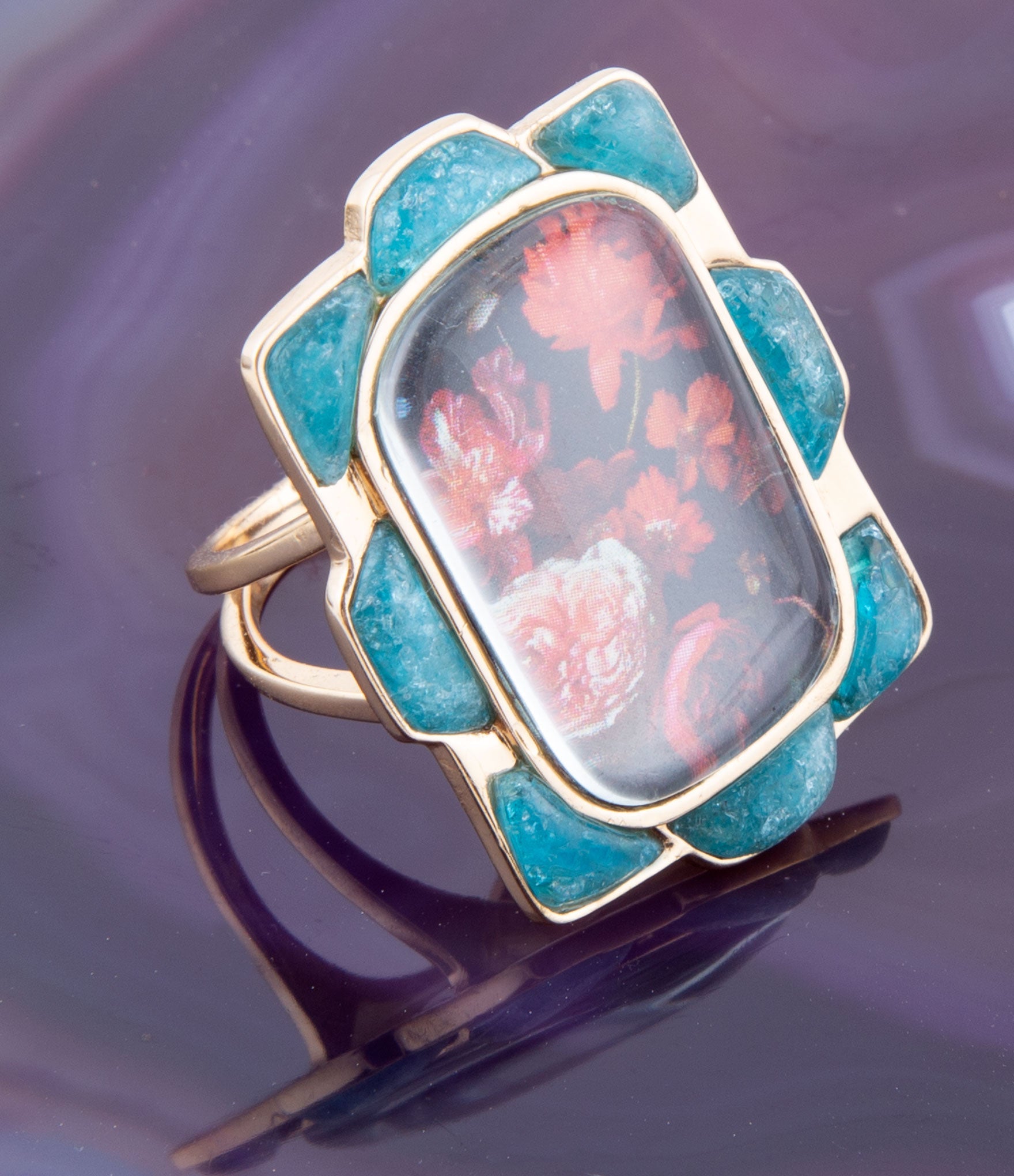 Scenic Red Florals Blue Apatite Golden Statement Ring Barse Jewelry