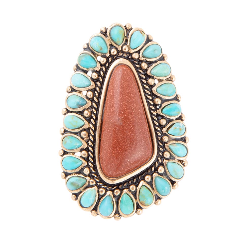 Sedona Blue Turquoise Orange Goldstone Golden Statement Ring Barse Jewelry