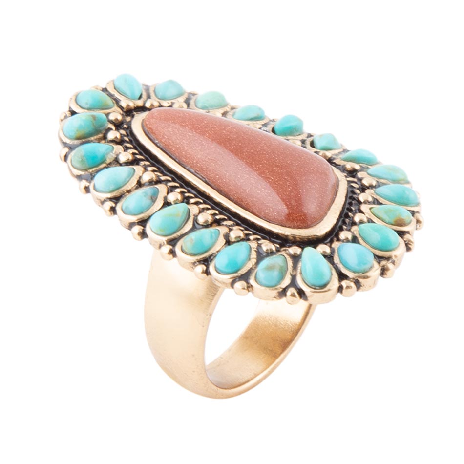 Sedona Blue Turquoise Orange Goldstone Golden Statement Ring Barse Jewelry
