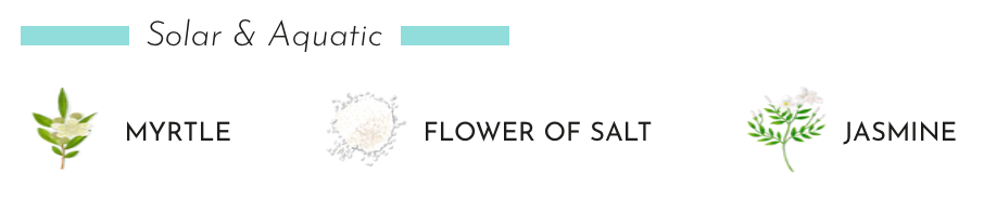 Graphic showing 'Solar & Aquatic' fragrance notes: Myrtle, Flower of Salt, and Jasmine with illustrations.