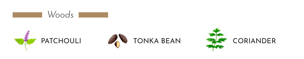 Icons representing patchouli, tonka bean, and coriander for Baobab Collection diffuser.