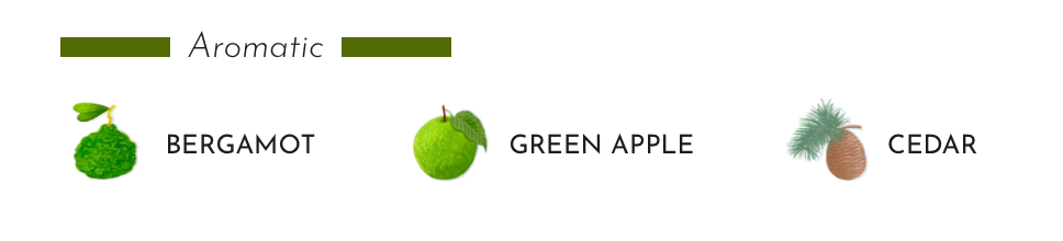 Aromatic scent notes featuring bergamot, green apple, and cedar illustrations.