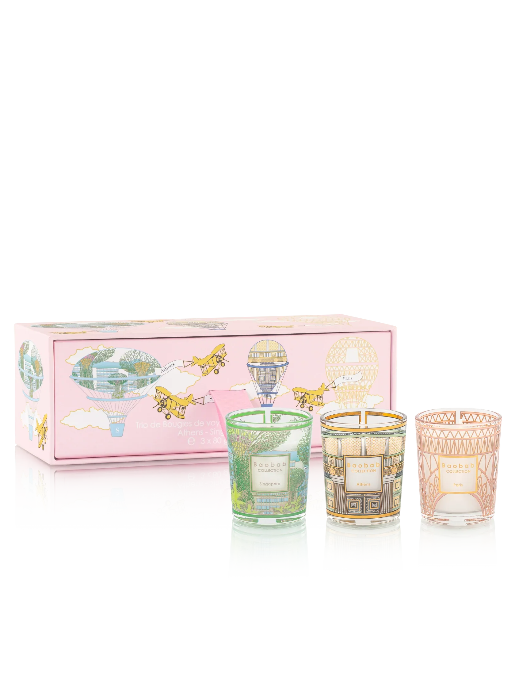 Baobab Collection TRIO Travel Candles in pink box featuring Singapore, Athens, and Paris fragrances.