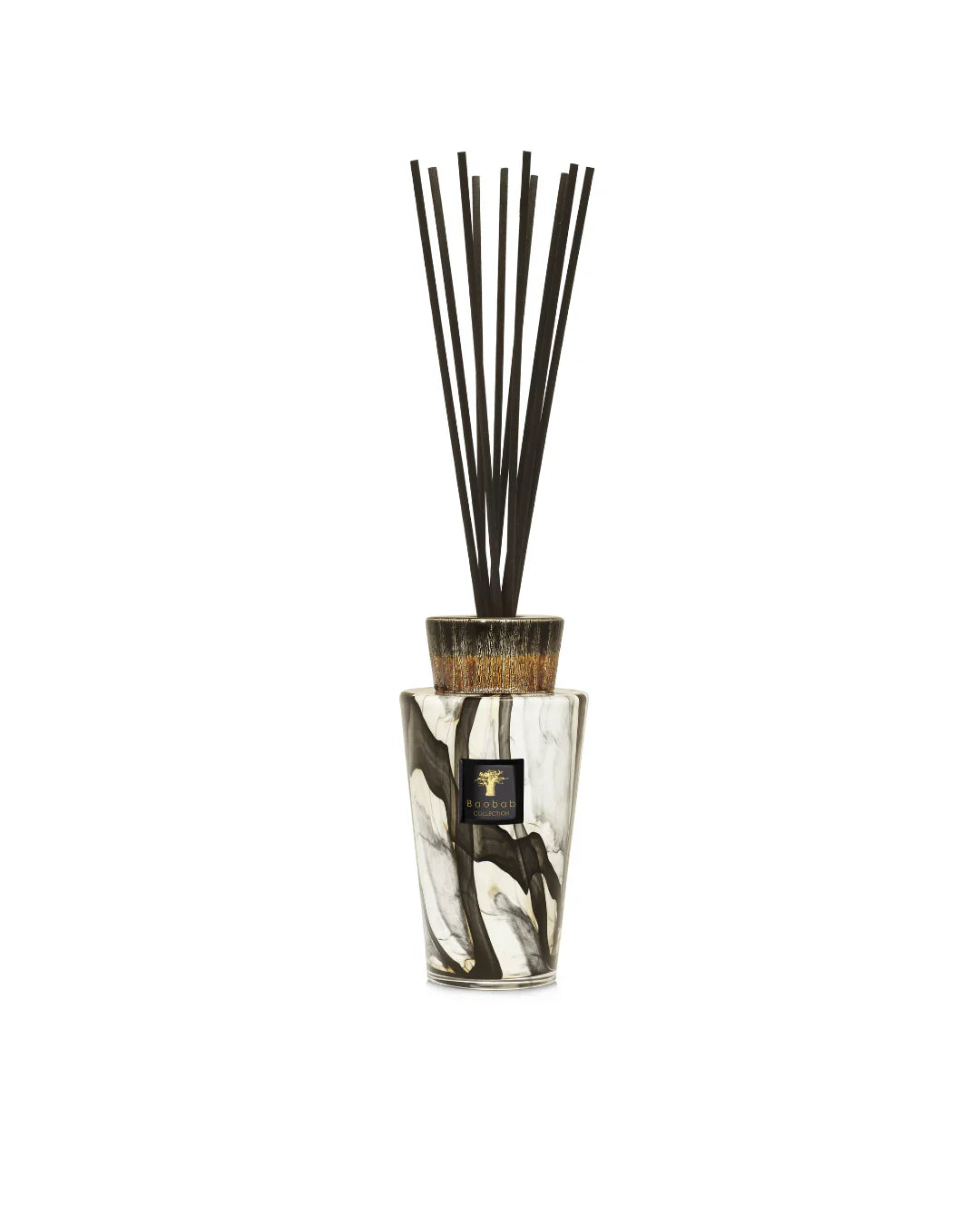 Baobab Collection Totem Stones Marble diffuser with black and silver ceramic cap and fragrance sticks.